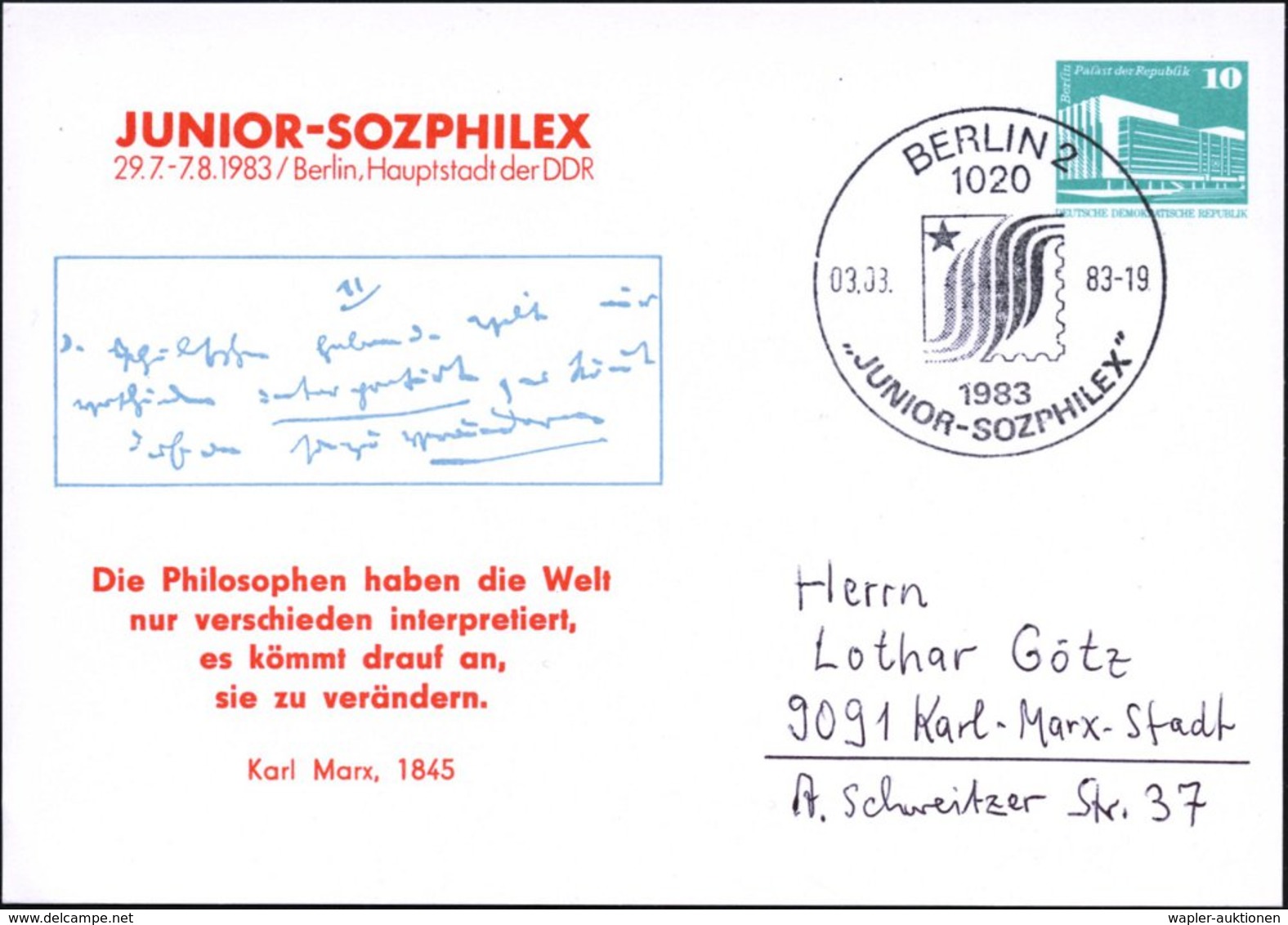 1983 (3.8.) 1020 BERLIN 2, Sonderstempel Junior-Sozphilex Auf Passender PP 10 Pf. PdR Mit Marx-Faksimile (Zitat), Inl.-K - Other & Unclassified