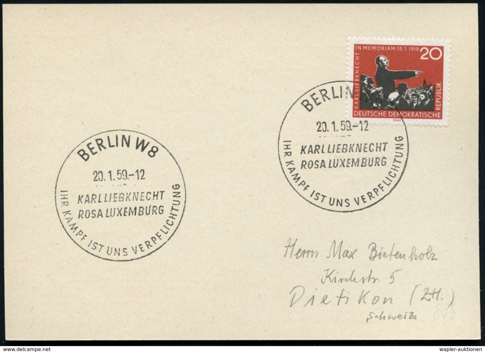 1959 (20.1.) D.D.R., 20 Pf. "Karl Liebknecjt 40. Todestag" + Passender Sonderstempel BERLIN W 8 (Bo.854), Ausl.-Karte (M - Other & Unclassified