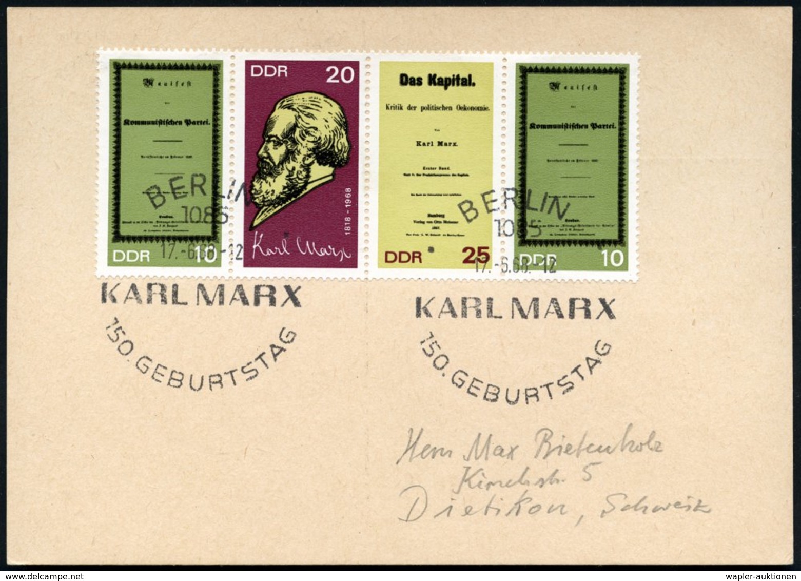 1968 (17.6.) D.D.R., Zusammendruck "150. Geburtstag Karl Marx" 10 + 20 + 25 + 10 Pf. + Passender Sonderstempel 1085 BERL - Other & Unclassified