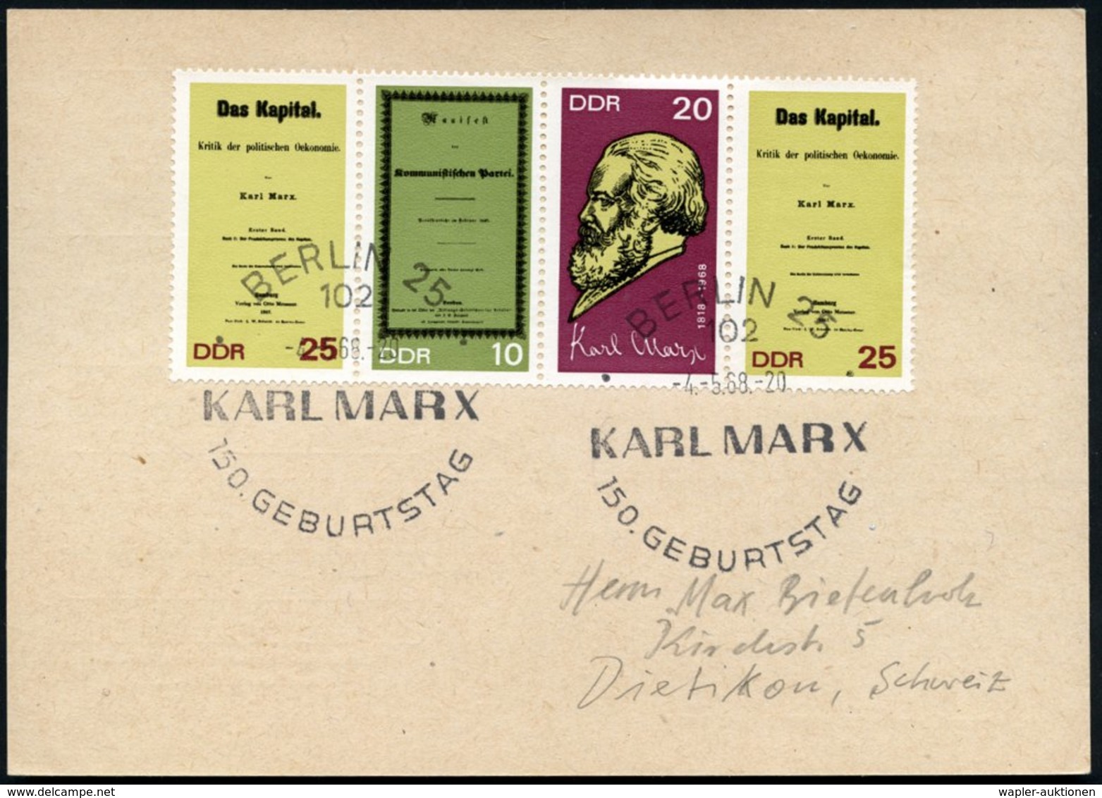 1968 (4.5.) D.D.R., Zusammendruck "150. Geburtstag Karl Marx" 25 + 10 + 20 + 25 Pf. + Passender Sonderstempel 1085 BERLI - Other & Unclassified