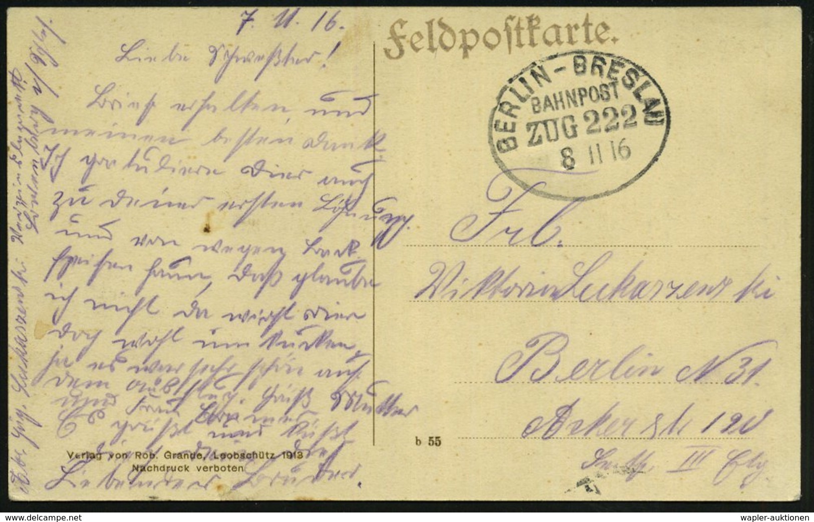 1916 (8.11.) Bahnpoststempel BERLIN-BRESLAU/  BAHNPOST/ ZUG 222 Auf Feldpost-Color-Ak. (Plagwitz/ Bober) - I. Weltkrieg  - Other & Unclassified