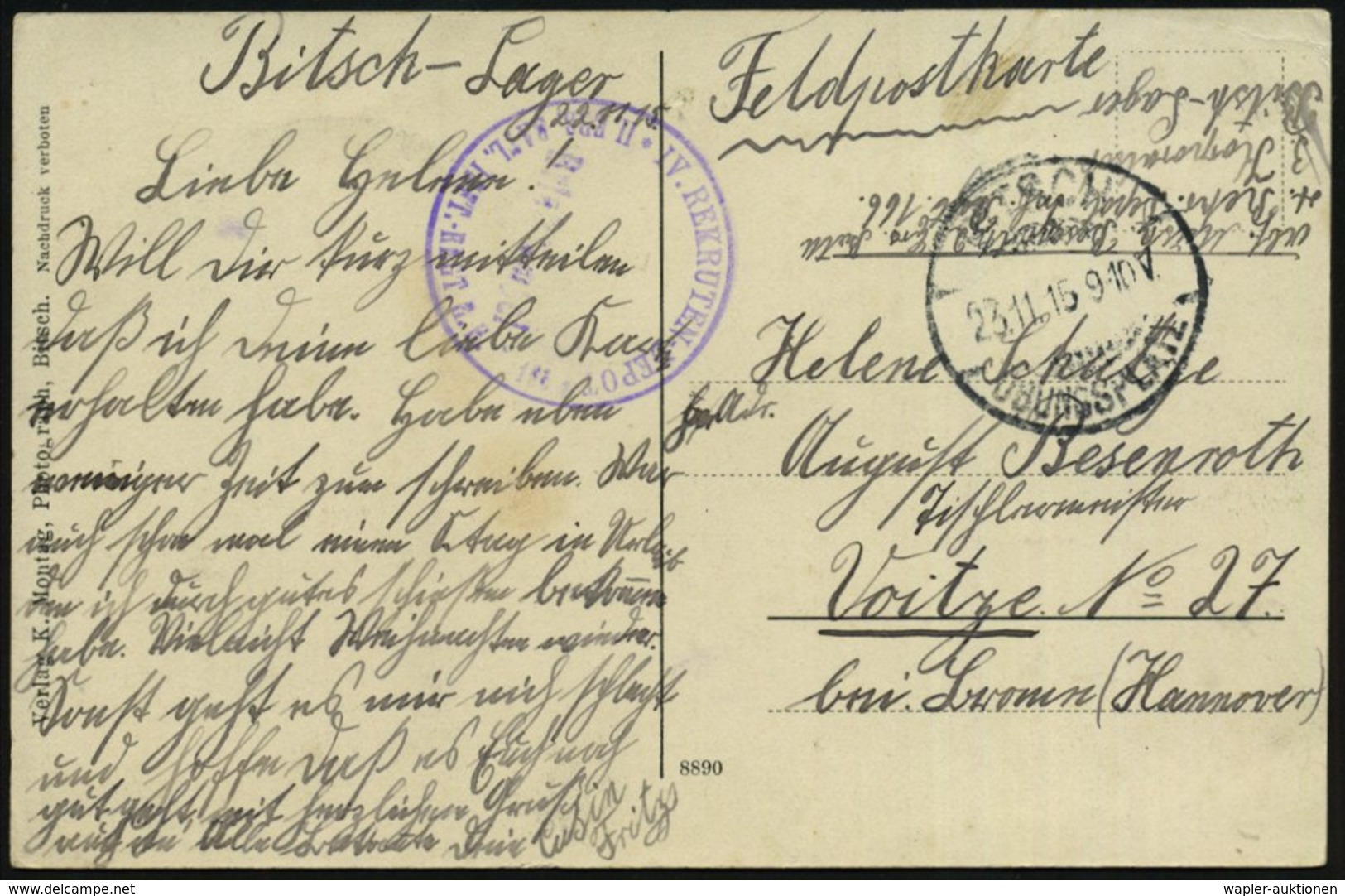 1915 (23.11.) BITSCH-ÜBUNGSPLATZ, 1K-Gitter + Briefstempel Auf Feldpost-Ak.: Bitsch-Lager - I. Weltkrieg (1914-18) / Fir - Other & Unclassified