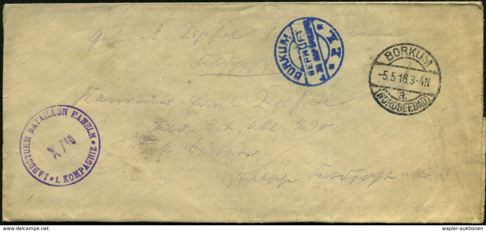 1918 (5.5.) BORKUM (NORDSEEBAD), 1K-Steg + Blauer Zensurstempel BORKUM (Rie. 2) + Briefstempel, Feldpost-Zensurbrief - I - Other & Unclassified