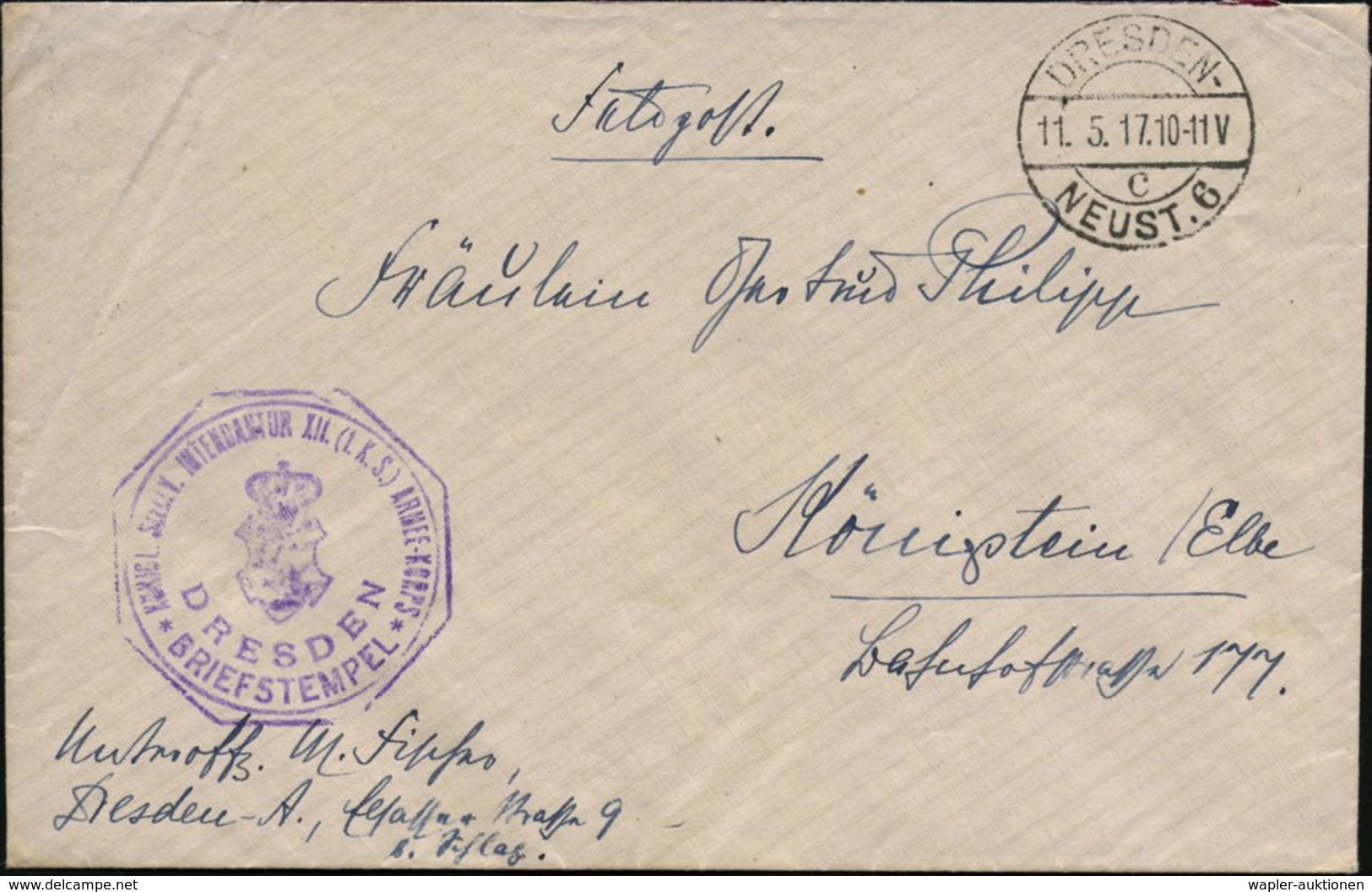 1917 (11.5.) DRESDEN-NEUST. 6, 1K-Brücke + Briefstempel XIII. Armeekorps (sächs.), Feldpostbrief - I. Weltkrieg (1914-18 - Other & Unclassified