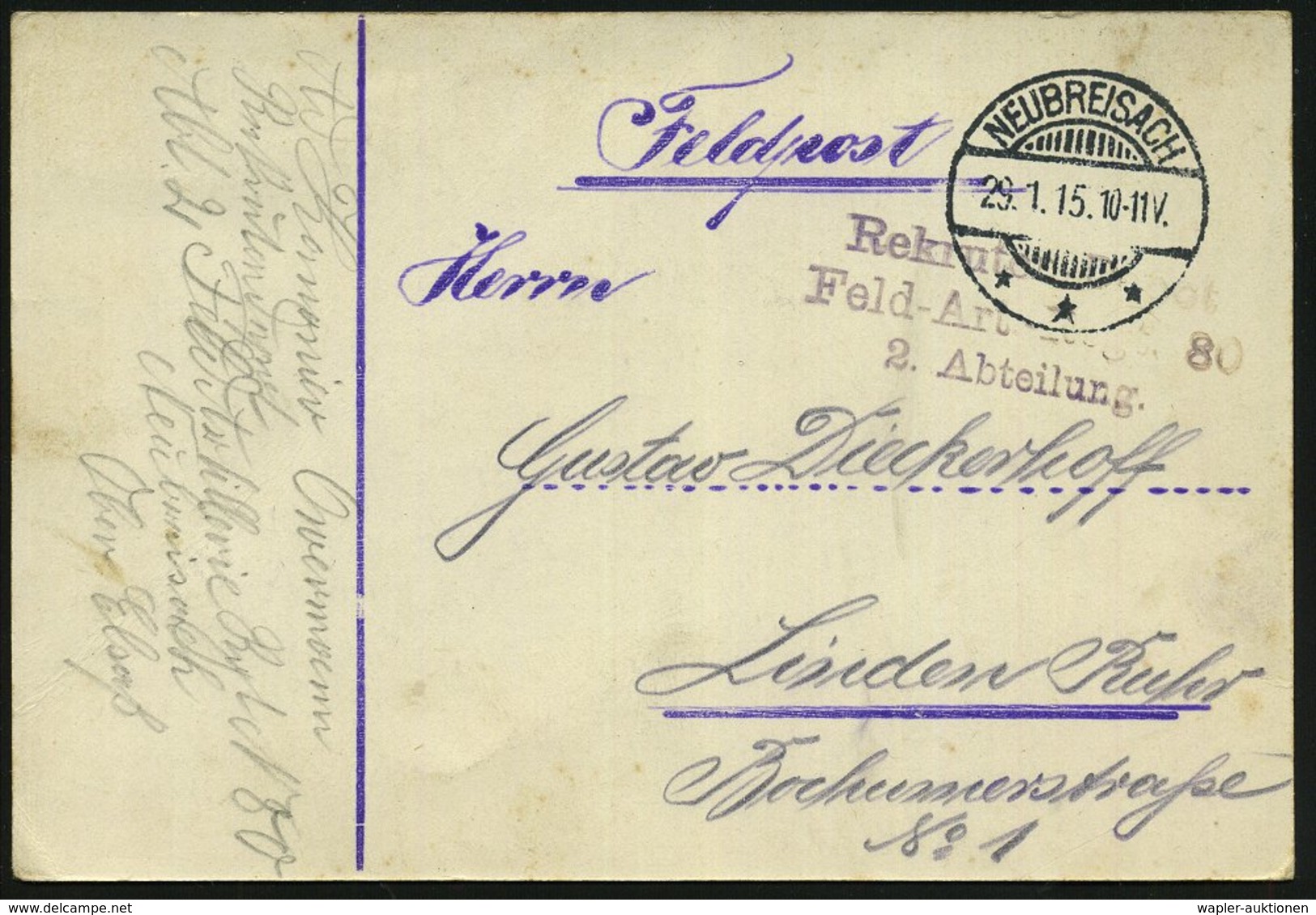 1915 (29.1.) NEUBREISACH (ELS.) 1K-Gitter + Briefstempel Feld Artl. Regt. 80, Feldpostkarte - I. Weltkrieg (1914-18) / F - Other & Unclassified