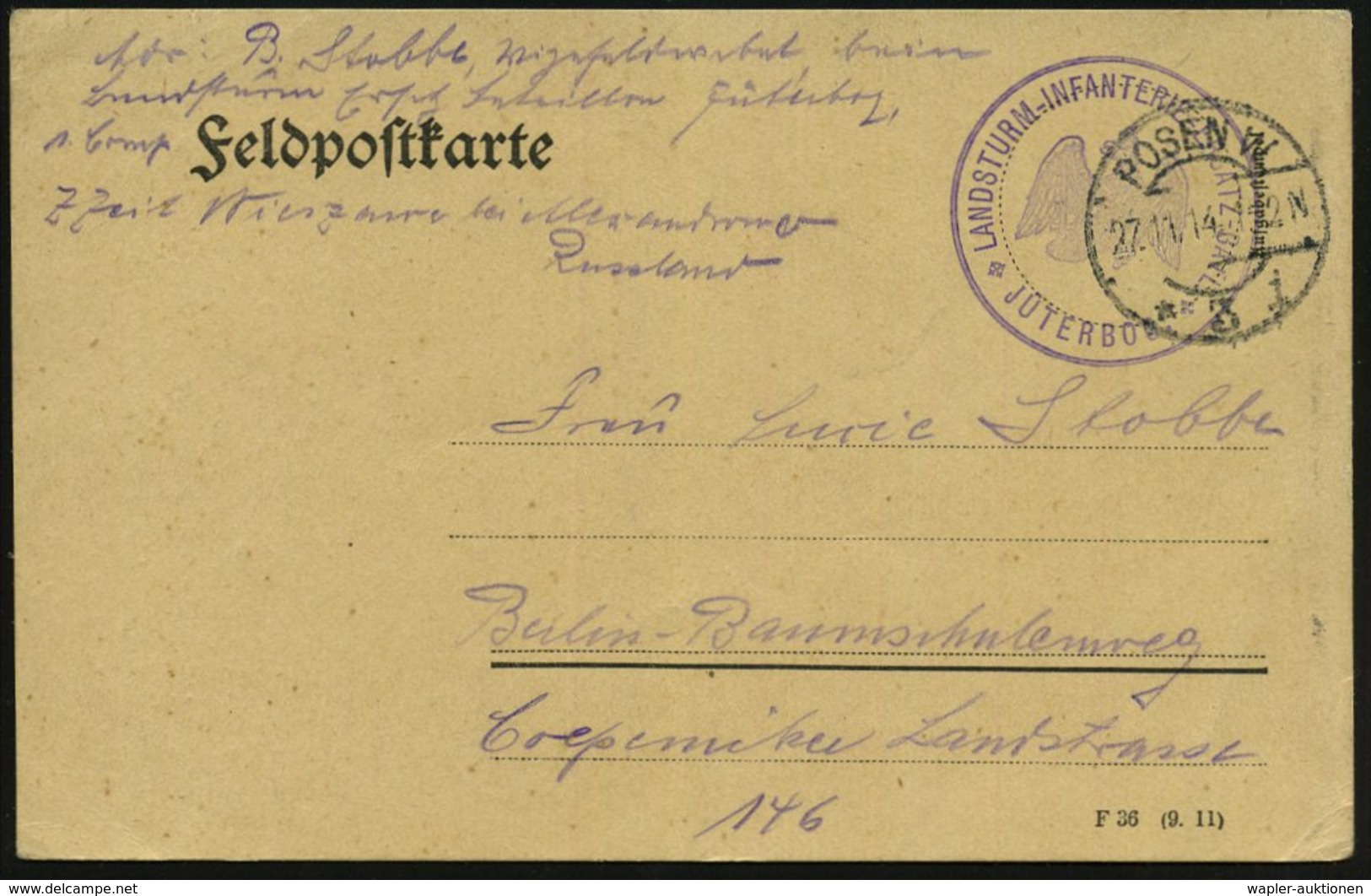 1914 (27.11.) POSEN W 3, 1K-Brücke + Briefstempel  Landsturm Inf.-Ers. Batl. Jüterbog, Feldpostkarte - I. Weltkrieg (191 - Other & Unclassified