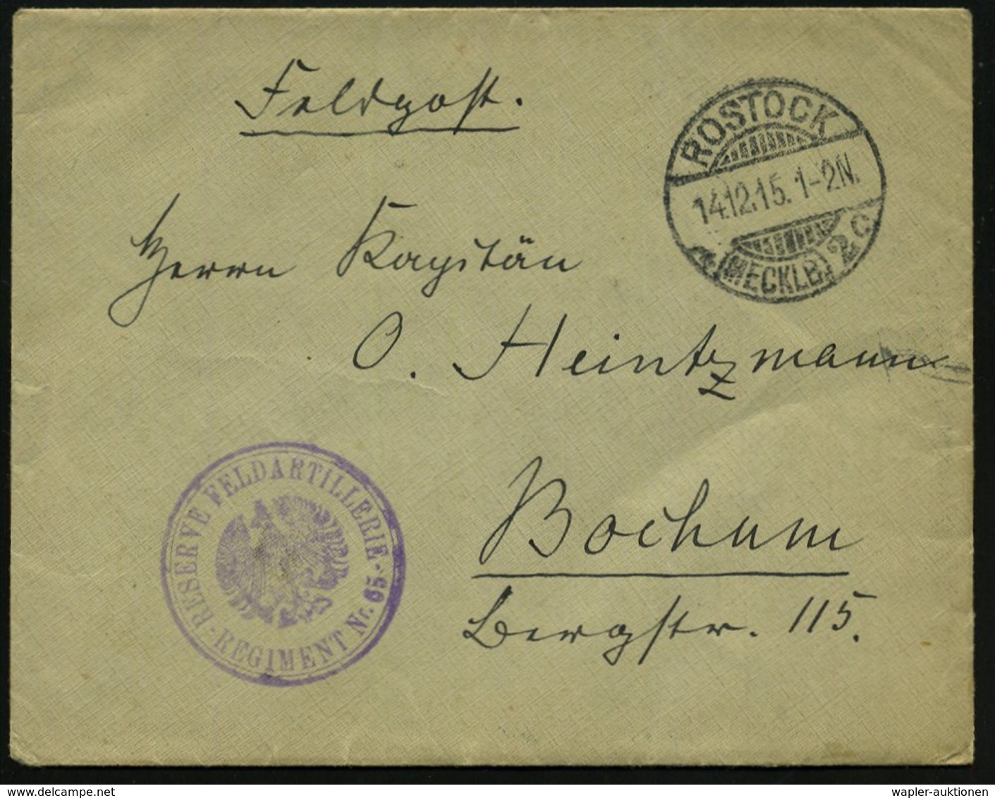 1915 (14.12.) ROSTOCK 2, 1K-Gitter + Briefstempel Res. Feldartillerie Regiment Nr.65, Kleiner Feldpostbrief - I. Weltkri - Other & Unclassified