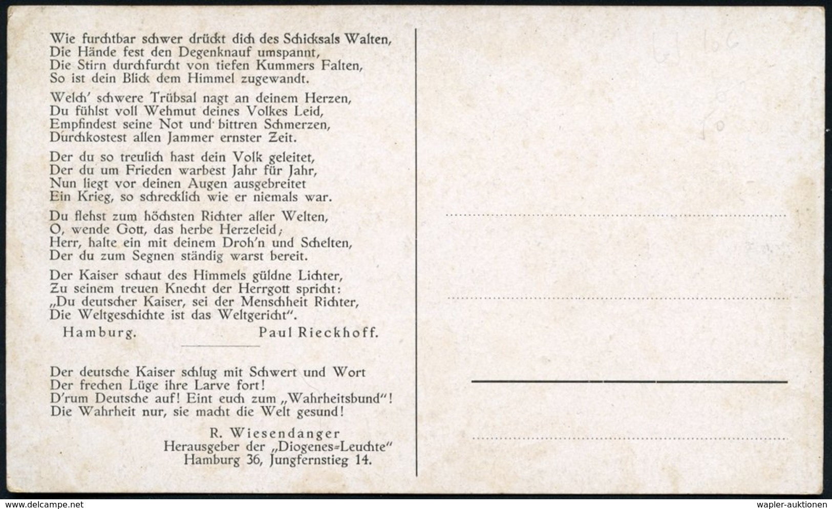 1914 DEUTSCHES REICH, S/ W.-Propaganga-Künstler-Ak.: Kaiser Wilhelm II. Als Kreuzritter Von R. Wiesendanger, Ungebr. (rs - Other & Unclassified