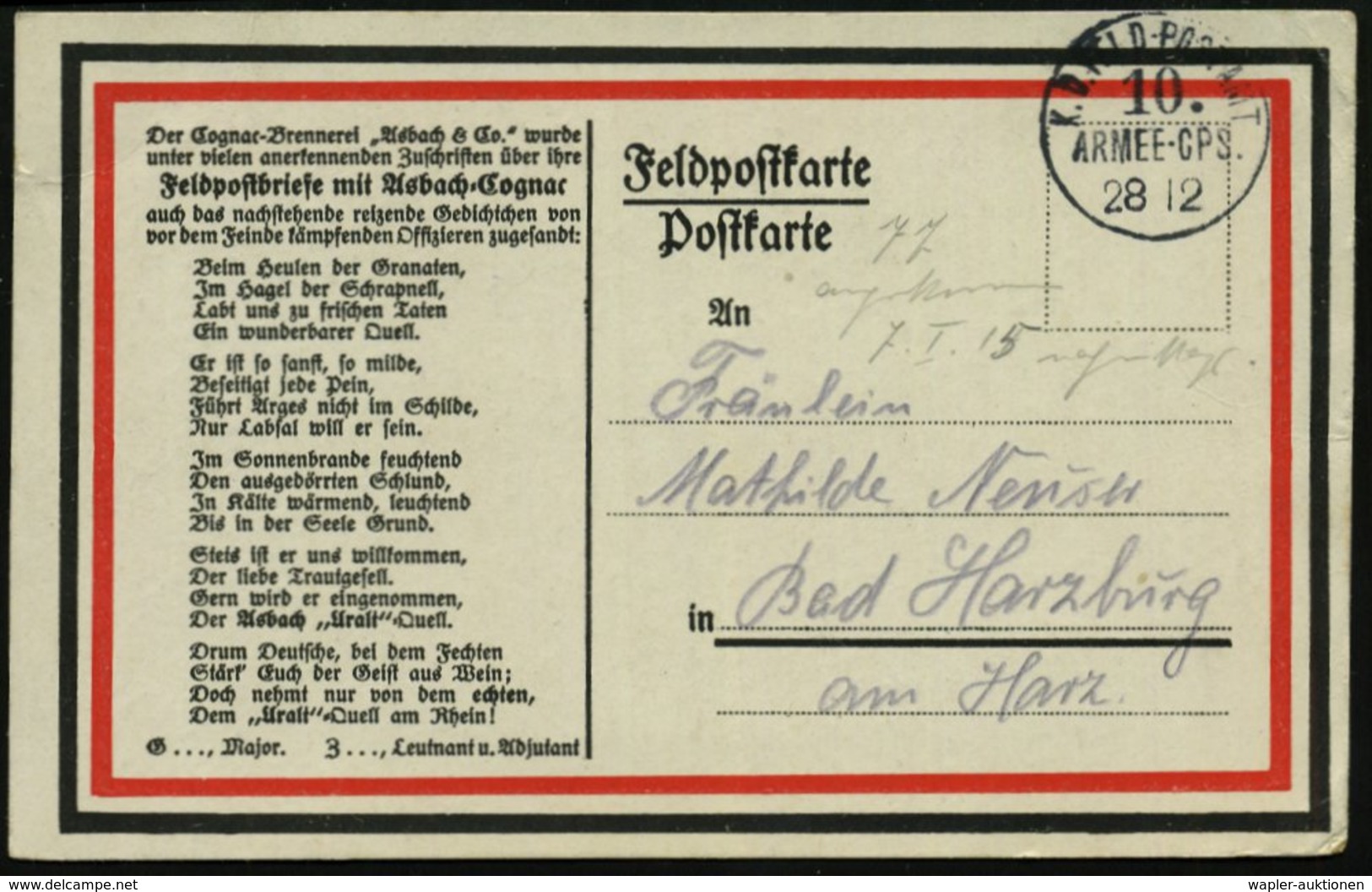 1914 (26.12.) DEUTSCHES REICH, Feldpost-1K: 10. ARMEE-CPS., Patriotische Feldpost-Reklame-Karte Asbach-Cognac N. Bad Har - Sonstige & Ohne Zuordnung