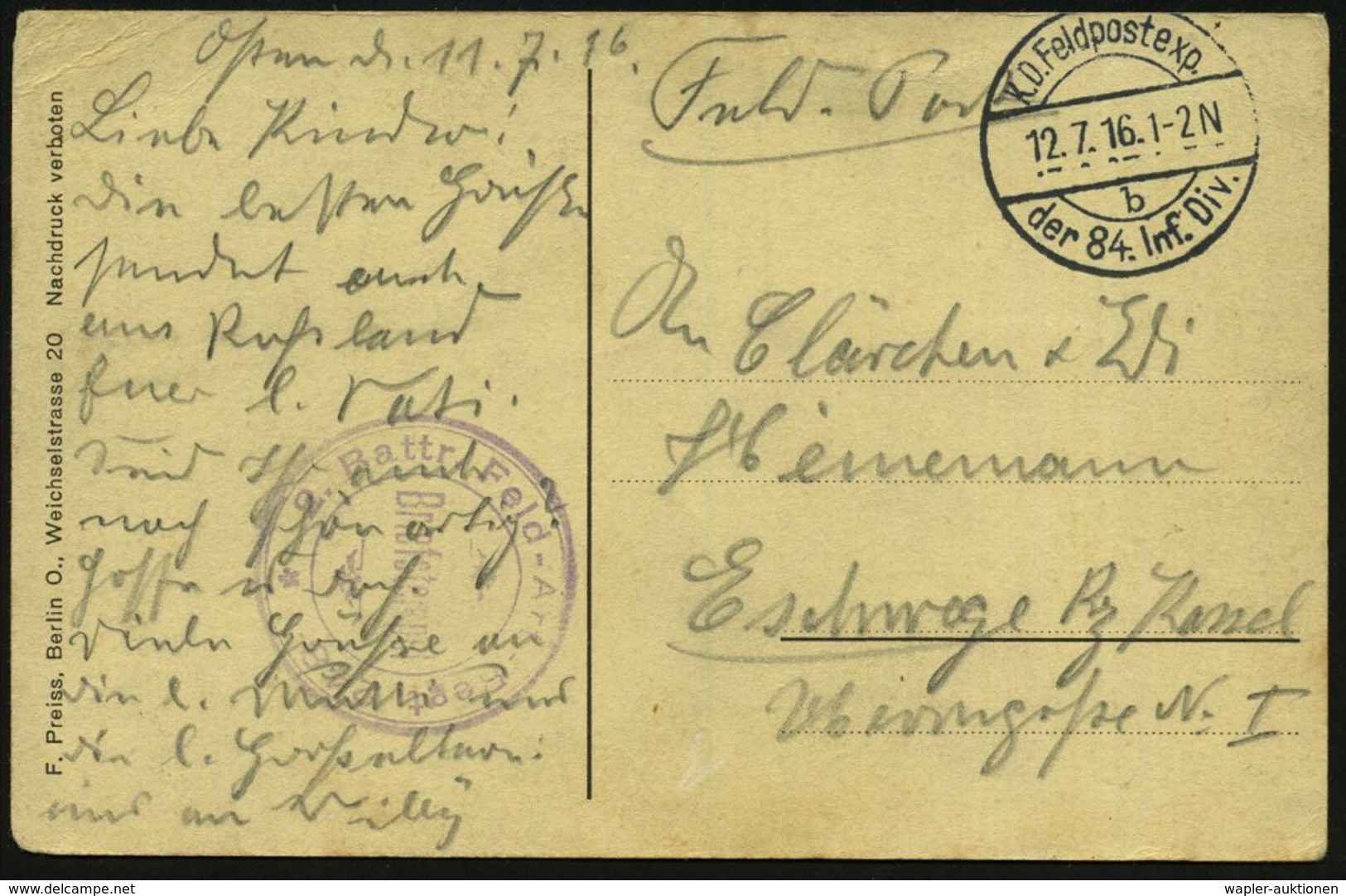 1916 (12.7.) DEUTSCHES REICH, Feldpost-1K-Brücke: 84. Inf. Div. + Briefstempe Feld-Artl. Regt. 248 (Ostfront), Künstler- - Other & Unclassified