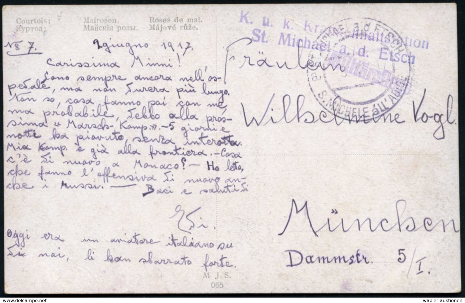 1917 (2.6.) ÖSTERREICH, 2K: ST. MICHAEL A.d.ETSCH (zweisprachig!) + Briefstempel Kraftp. Anhaltstation St. Michael, Feld - Other & Unclassified