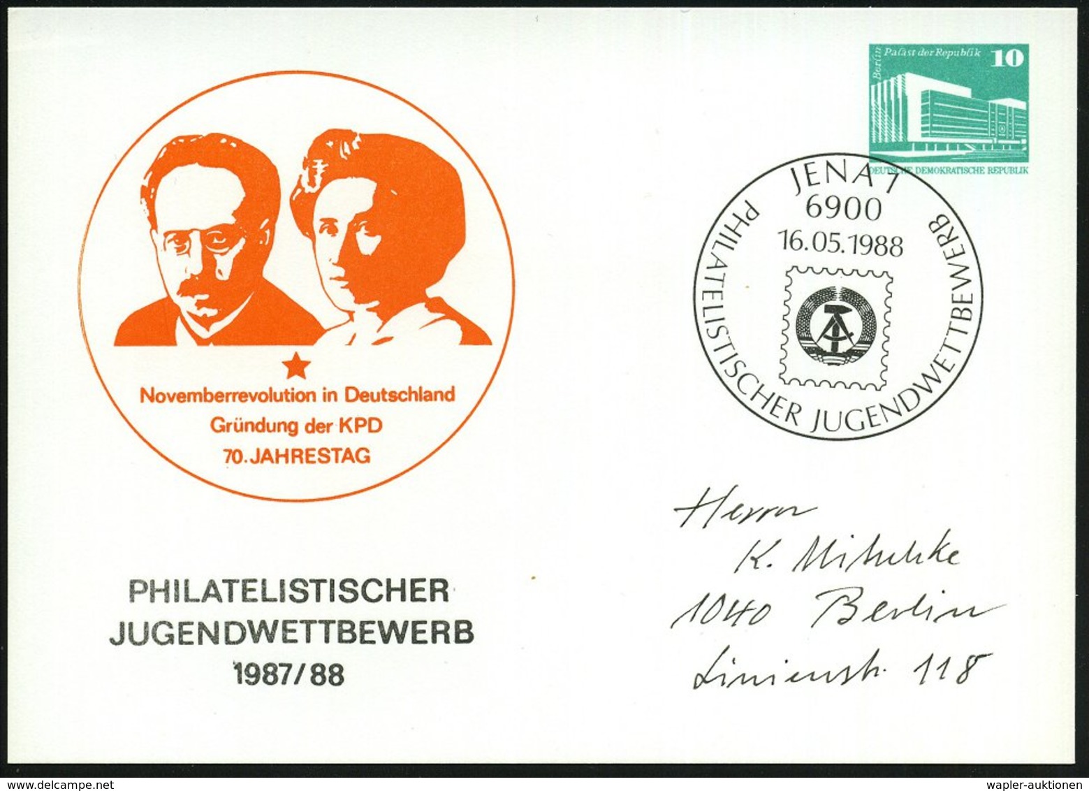 1988 (16.5.) 6900 JENA 1, PP 10 Pf. PdR.: 70. Jahrestag Der Gründung Der KPD = Karl Liebknecht U. Rosa Luxemburg (1919 E - Other & Unclassified