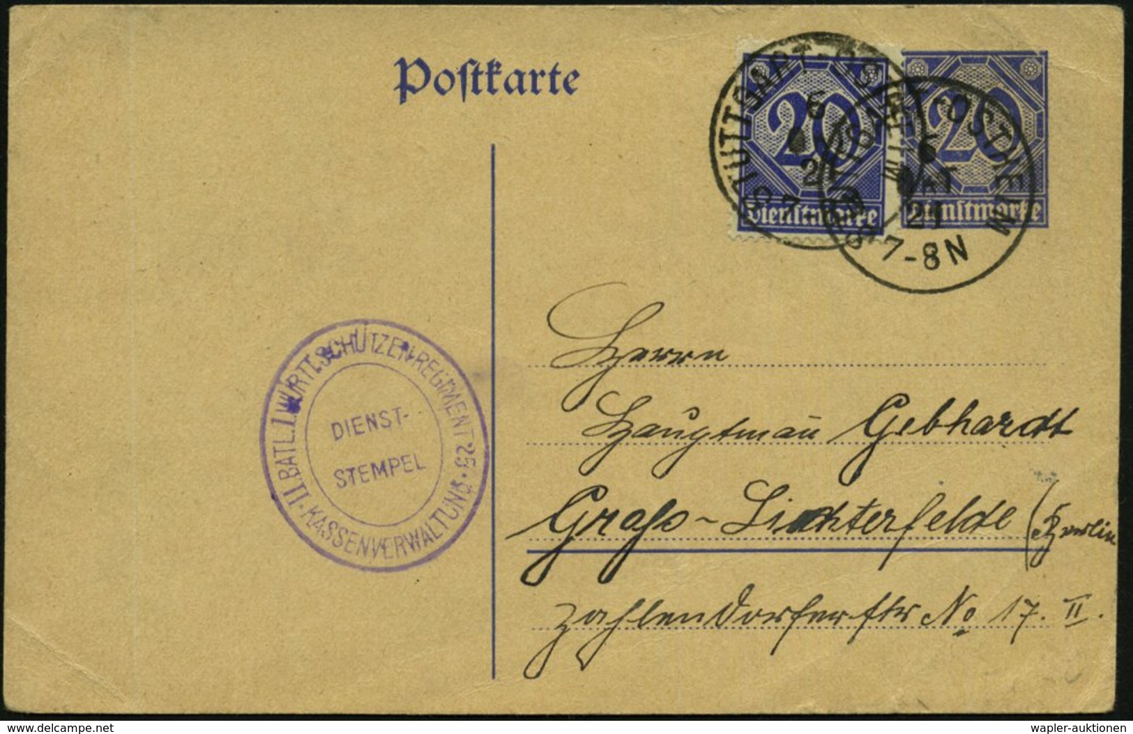 1921 (6.10.) STUTTGART-OSTHEIM, 1K Auf Dienst-P 20 Pf. Ziffer + 20 Pf. + Reichswehr-Dienststempel: I. WÜRTTB. SCHÜTZENRE - Other & Unclassified