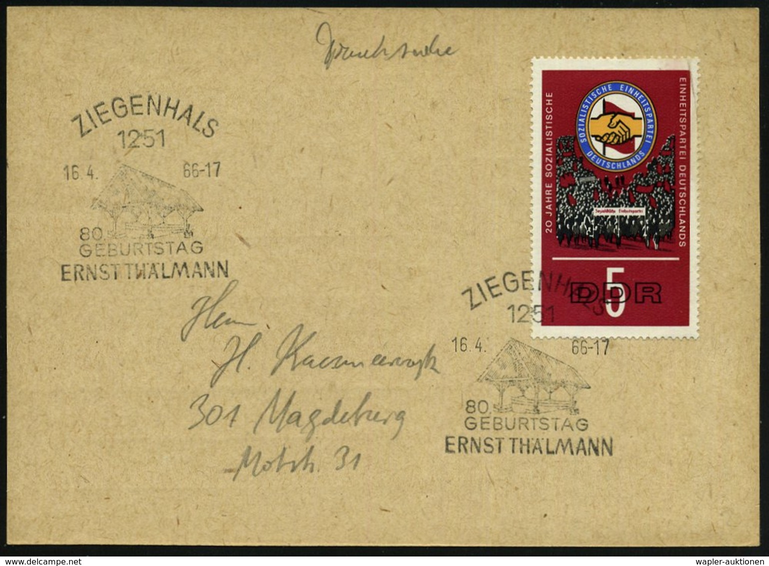 1986 (16.4.) 1251 ZIEGENHALS, Sonderstempel Ernst Thälmann (1888-1944, KPD) 1944 Von Nazis Im KZ Ermordet, Inl.-Karte (M - Other & Unclassified