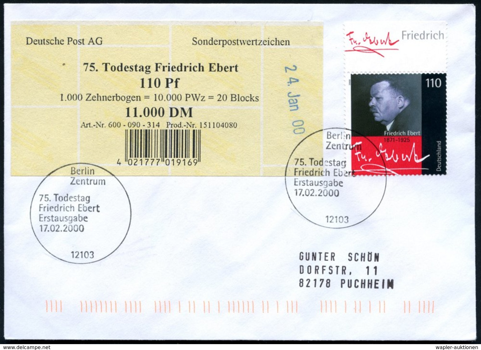 2000 (17.2.) B.R.D., 110 Pf. "75. Todestag Friedr. Ebert" (1871-1925, SPD) 1. Präsident Der Weimarer Republik, ET-Sonder - Sonstige & Ohne Zuordnung