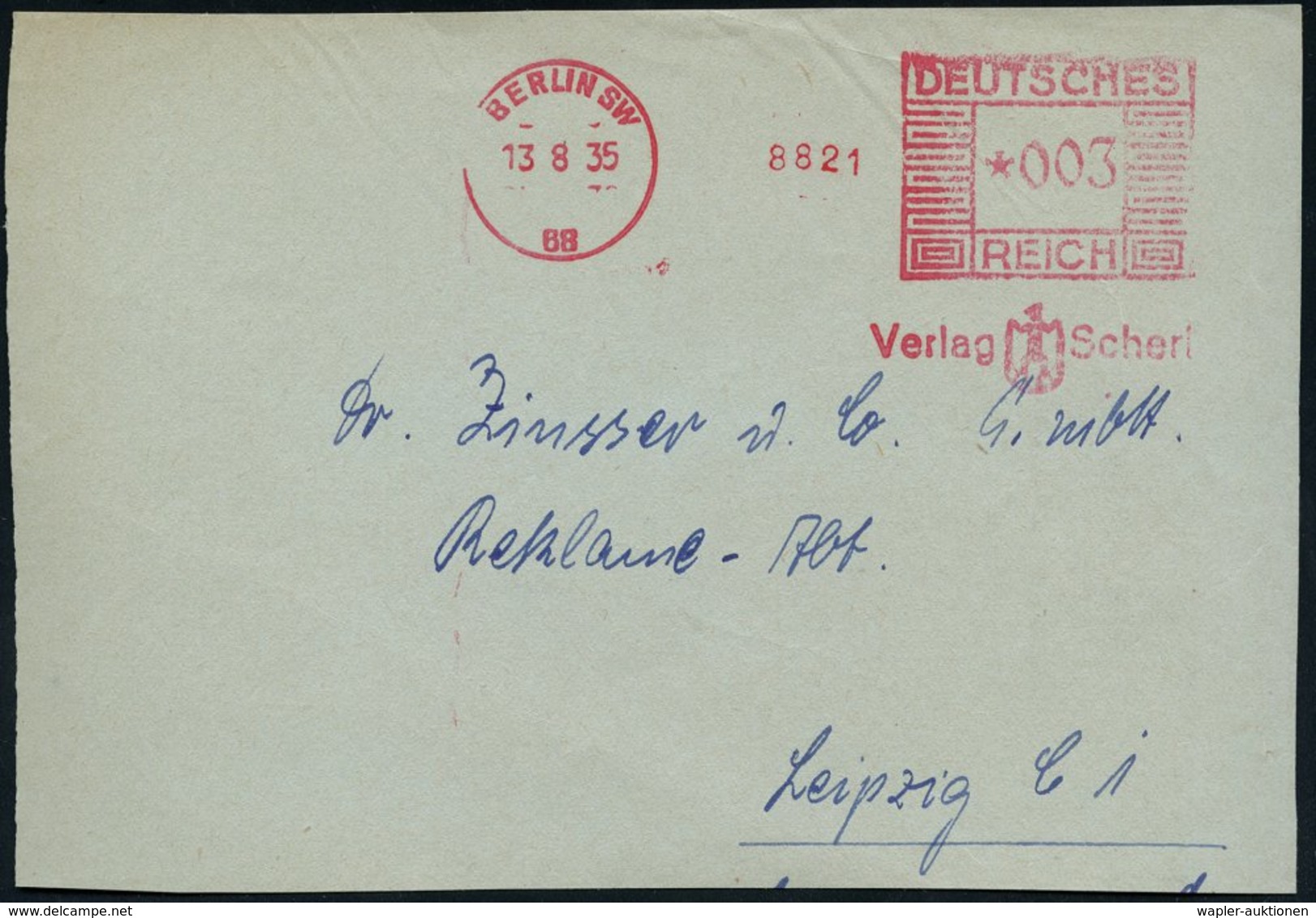 1935 (13.8.) BERLIN SW 68, Absender-Freistempel Scherl-Verlag (ab 1916 An Hugenberg, Unterstützer Der Nazis, Dennoch 194 - Other & Unclassified