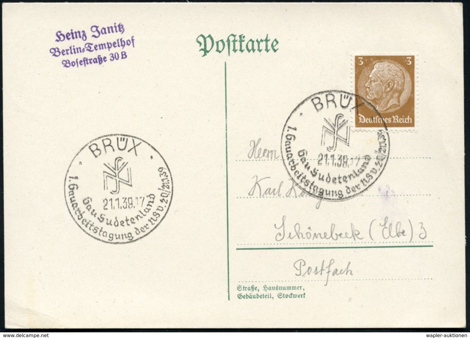 1939 (21.1.) BRÜX/ Sudetenland, Sonderstempel "N S V", Inl.-Karte (Bo.1) - Nationalsozialismus & III. Reich 1933-45 / Na - Other & Unclassified