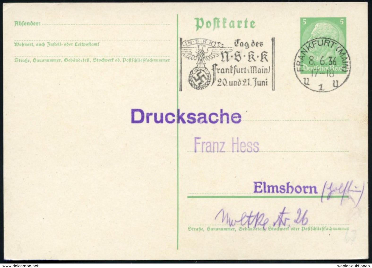 1936 (8.6.) FRANKFURT/ MAIN 1, Maschinen-Werbestempel N.S.K.K. (Nat.Sozialist. Kraftfahrer-Korps), Inl.-Karte (Bo.67 A)  - Other & Unclassified