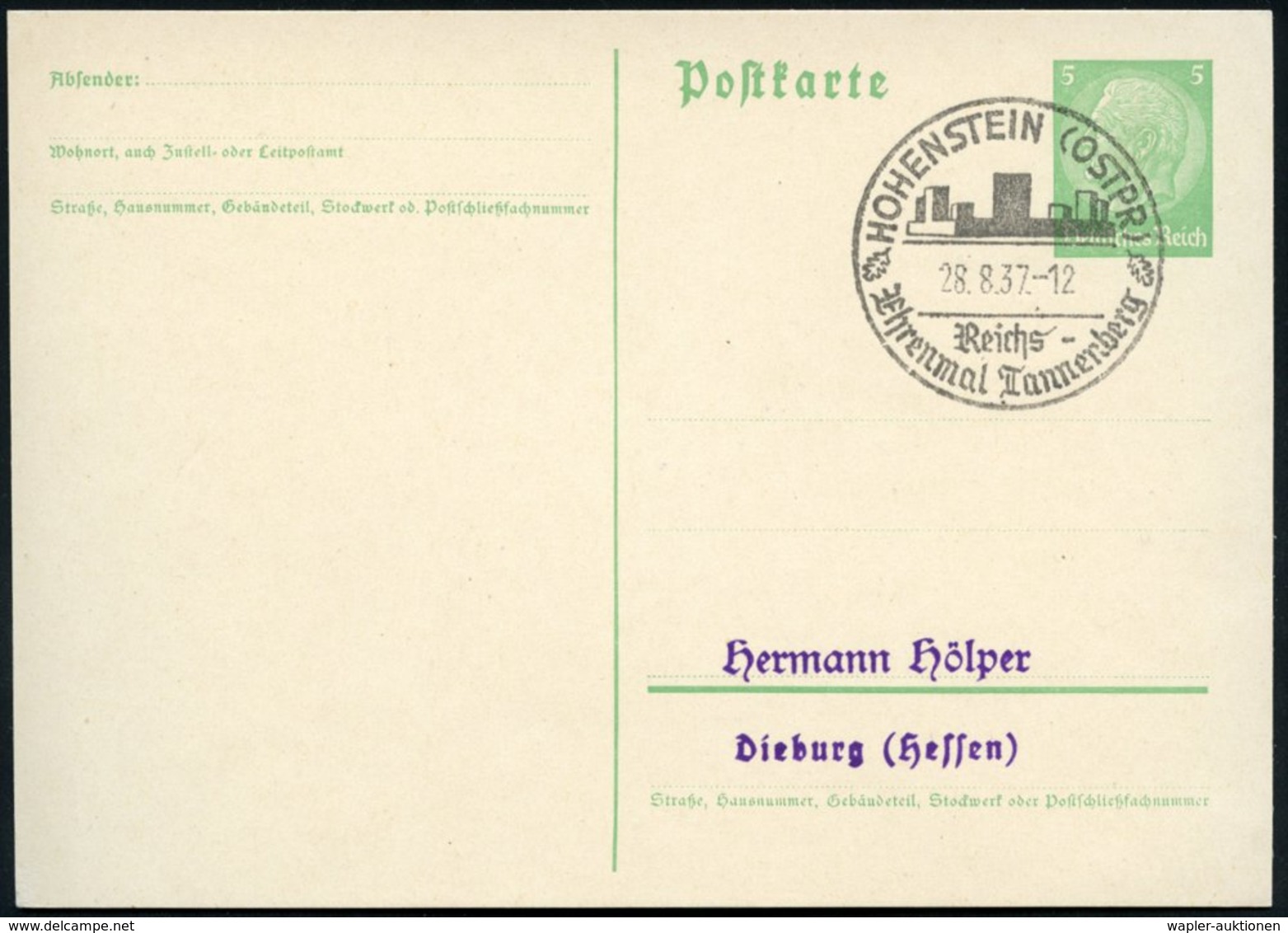 1937 (28.8.) HOHENSTEIN (OSTPR), Hand-Werbestempel Ehrenmal Tanneberg = Mausoleum Hinderburgs = Präsident Der Weimarer R - Other & Unclassified