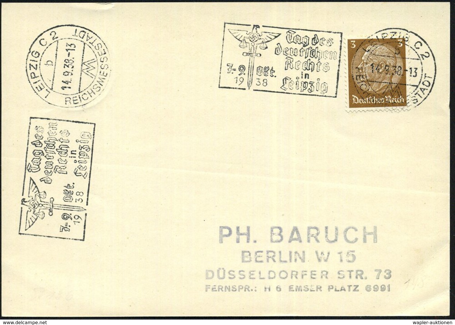 1938 (14.9.) LEIPZIG C 2, Maschinen-Werbestempel "Tag Des Deutschen Rechts" (NS-Logo), Inl.-Karte (Bo.148 A) - Nationals - Other & Unclassified