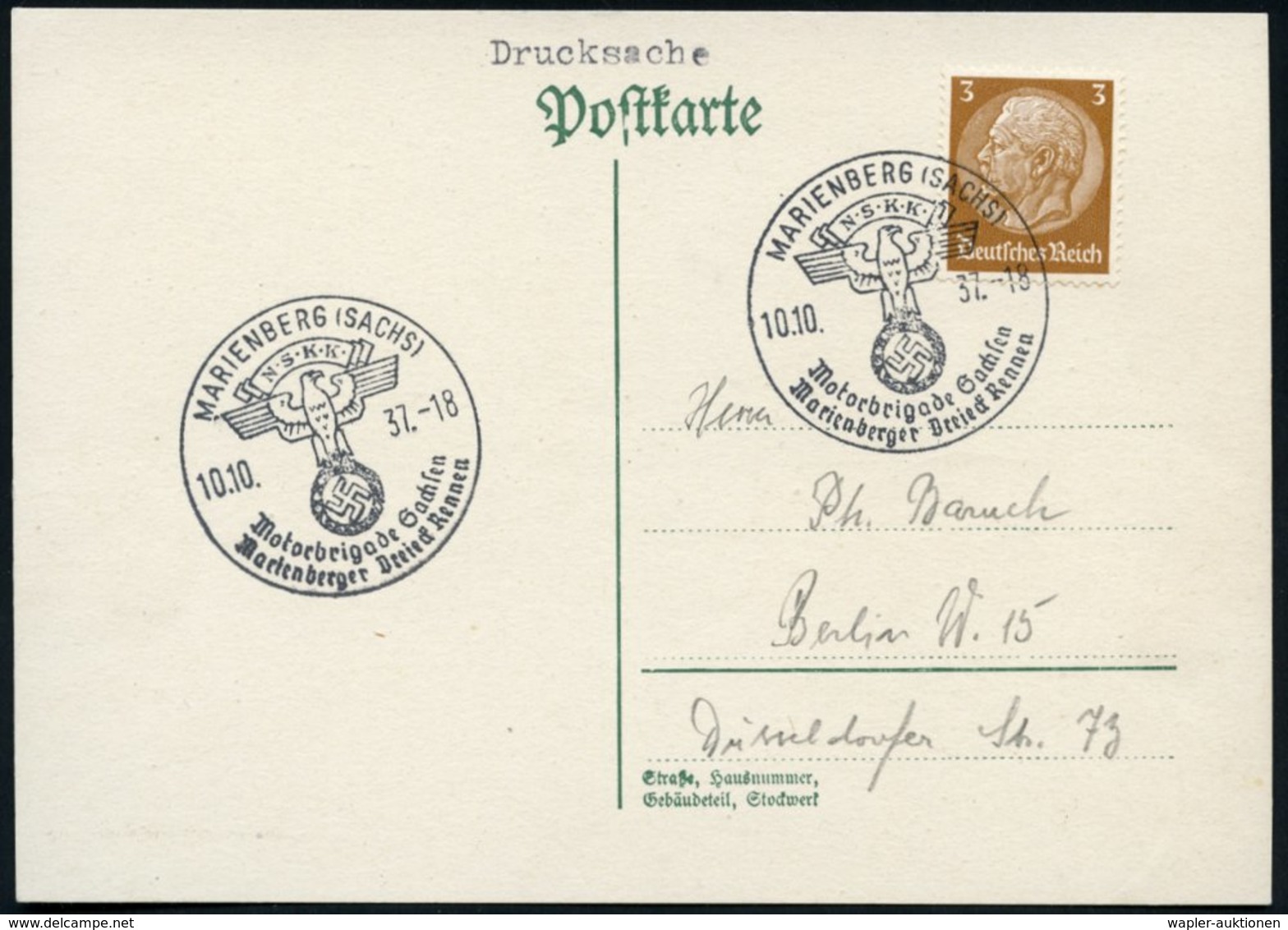 1937 (10.10.) MARIENBERG (SACHS), Sonderstempel N.S.K.K. (= Nat. Sozialist. Kraftfhrer-Korps) = Motorrad-Rennen, Inl.-Ka - Other & Unclassified