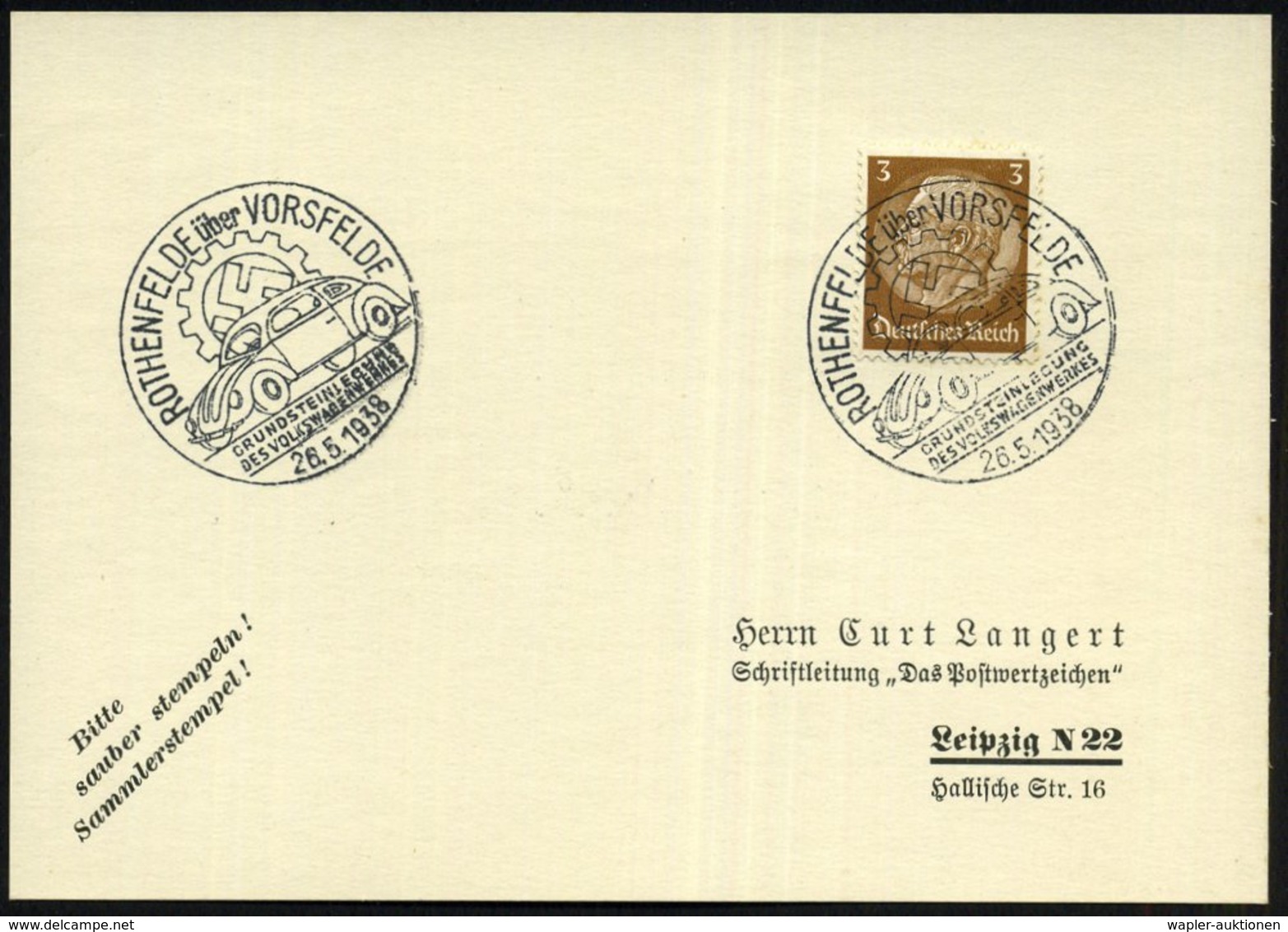 1938 (26.5.) ROTHENFELDE, Sonderstempel Grundsteinlegung VW-Werk (VW "Käfer"), Inl.-Karte (Bo.1) - Nationalsozialismus & - Other & Unclassified