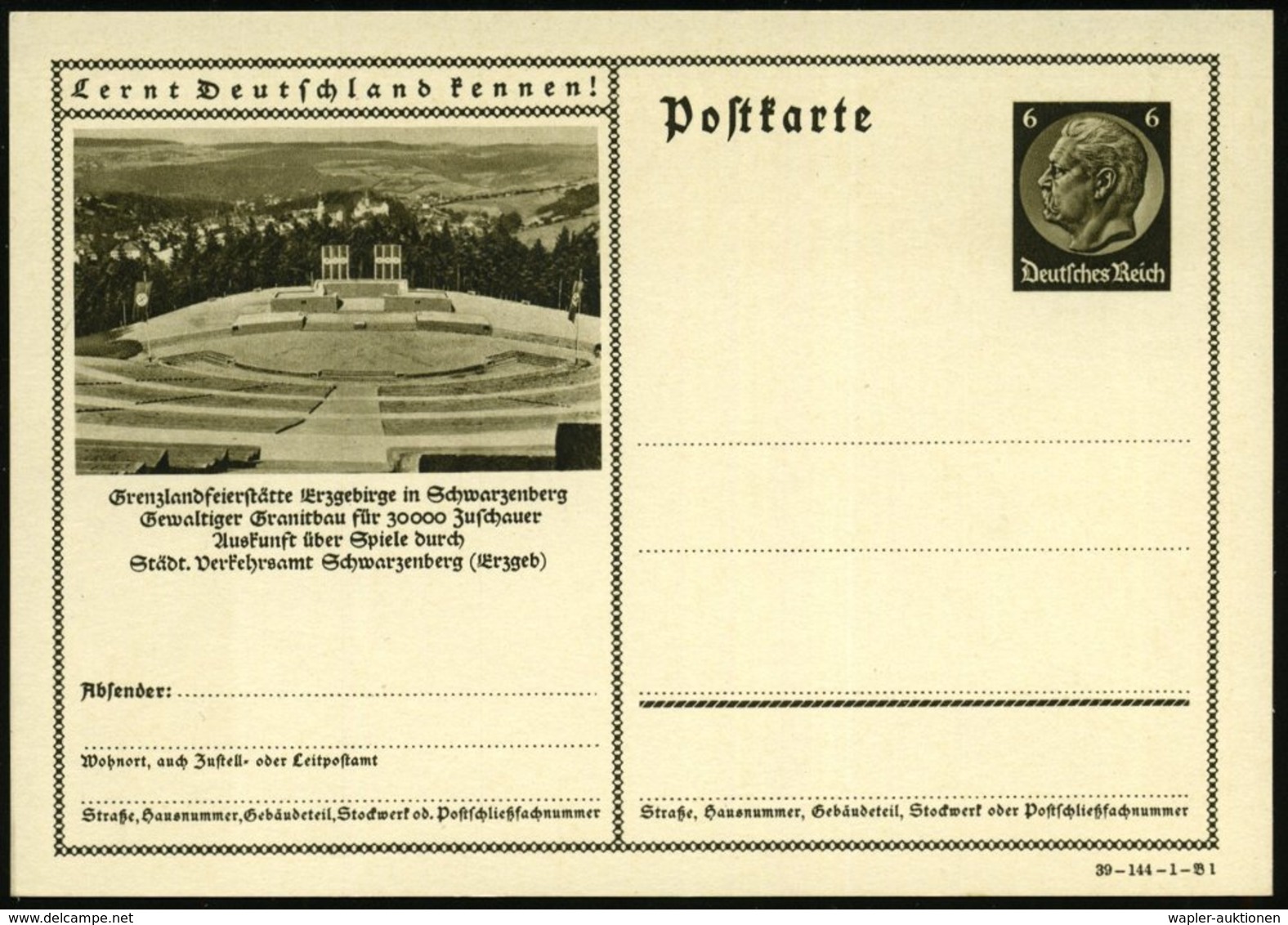 1939 Schwarzenberg, 6 Pf. Bild-Ganzsache Hindenbg.: NS-Bühne Für NS-Spiele U. Prpganda-Ereignisse (NS-"Thingstätte"), Un - Other & Unclassified