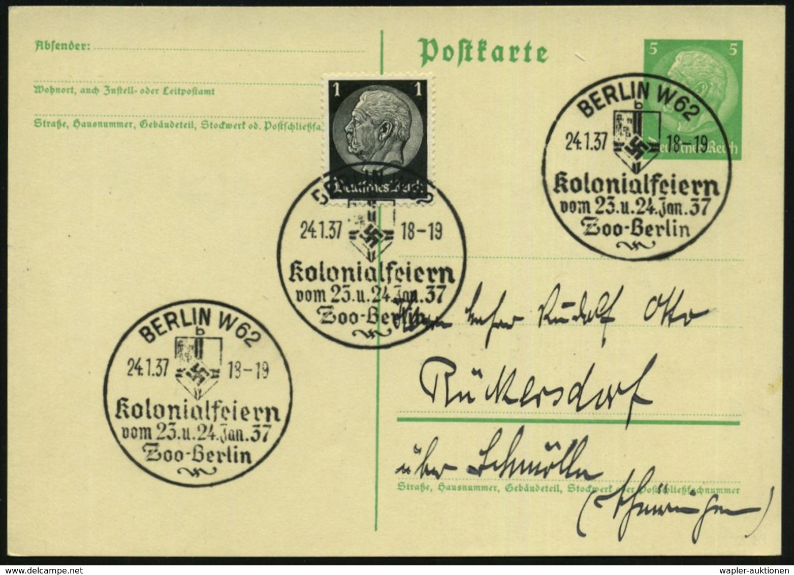 1937 (24.1.) BERLIN W 62, Sonderstempel Kolonialfeiern Im Zoo (NS-Kolonial-Flagge), Inl.-Karte (Bo.213) - III. Reich 193 - Other & Unclassified