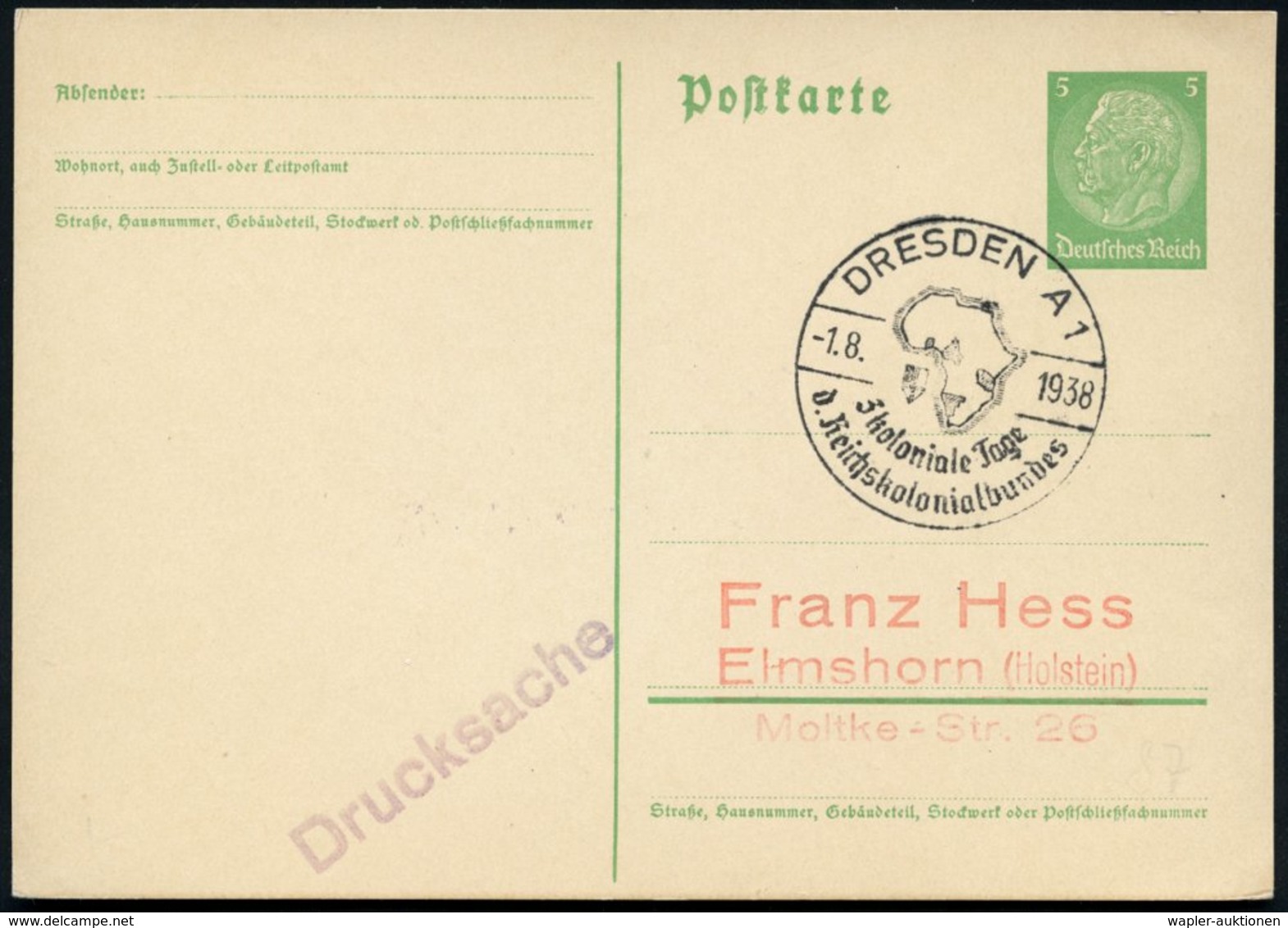 1938 (1.8.) DRESDEN A 1, Sonderstempel Reichskolonialbund (Afrikakarte Mit Ehem. Deutschen Kolonien), Inl.-Karte (Bo.87) - Otros & Sin Clasificación