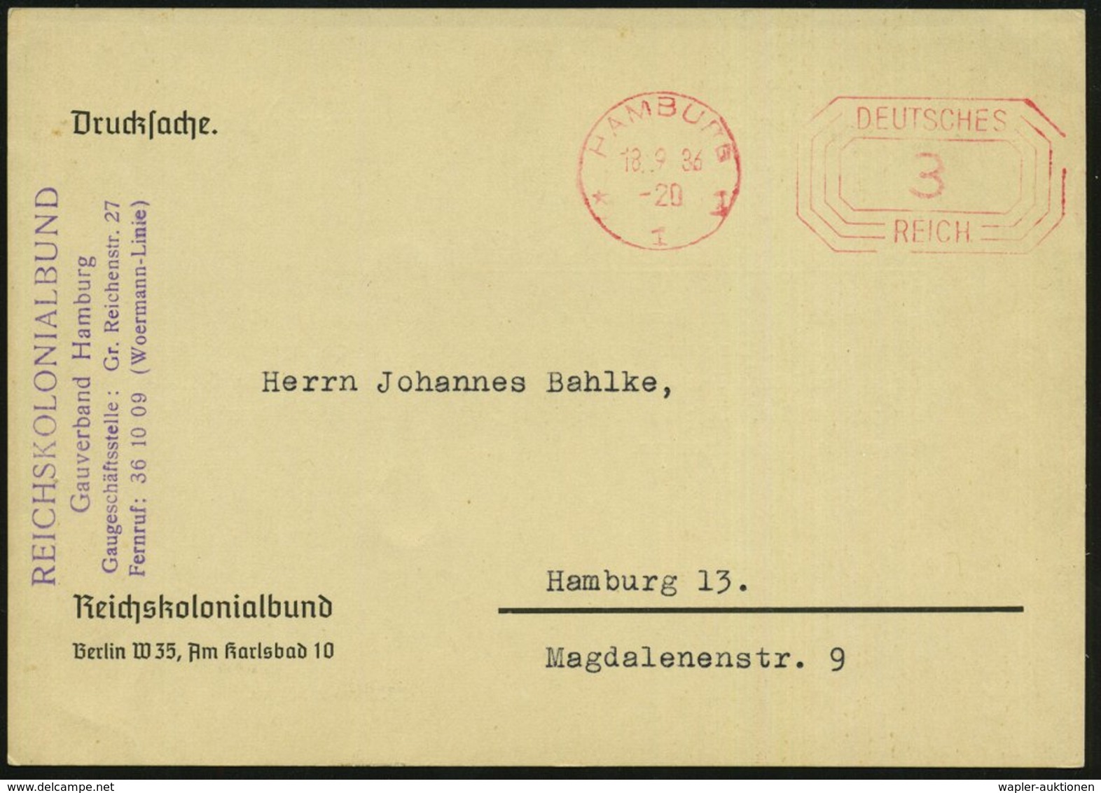 1936 (18.9.) Hamburg, Postfreistempel  3 Pf. + Viol. Abs.-Stempel REICHSKOLONIALBUND Gauverband Hamburg, Illustrierte Ka - Other & Unclassified