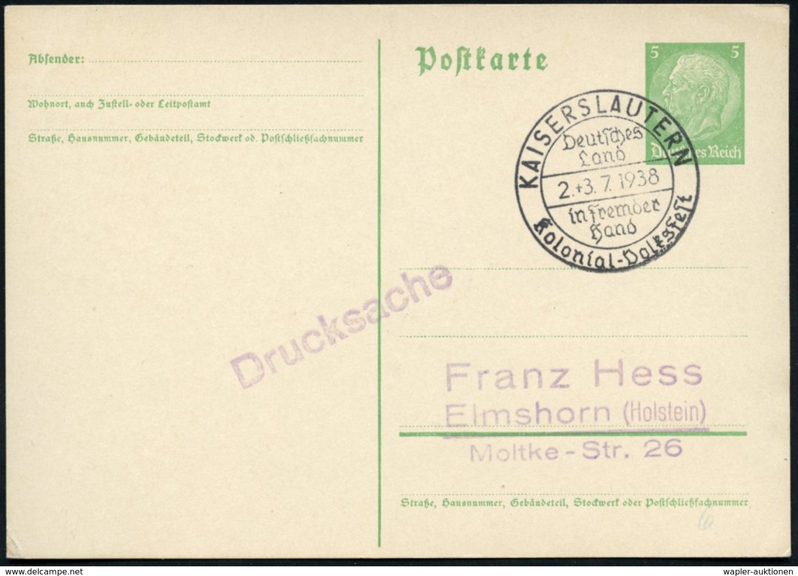 1938 (Juli) KAISERSLAUTERN, Sonderstempel Kolonial-Volksfest, Inl.-Karte (Bo.6) - III. Reich 1933-45 & Deutsche Kolonien - Other & Unclassified