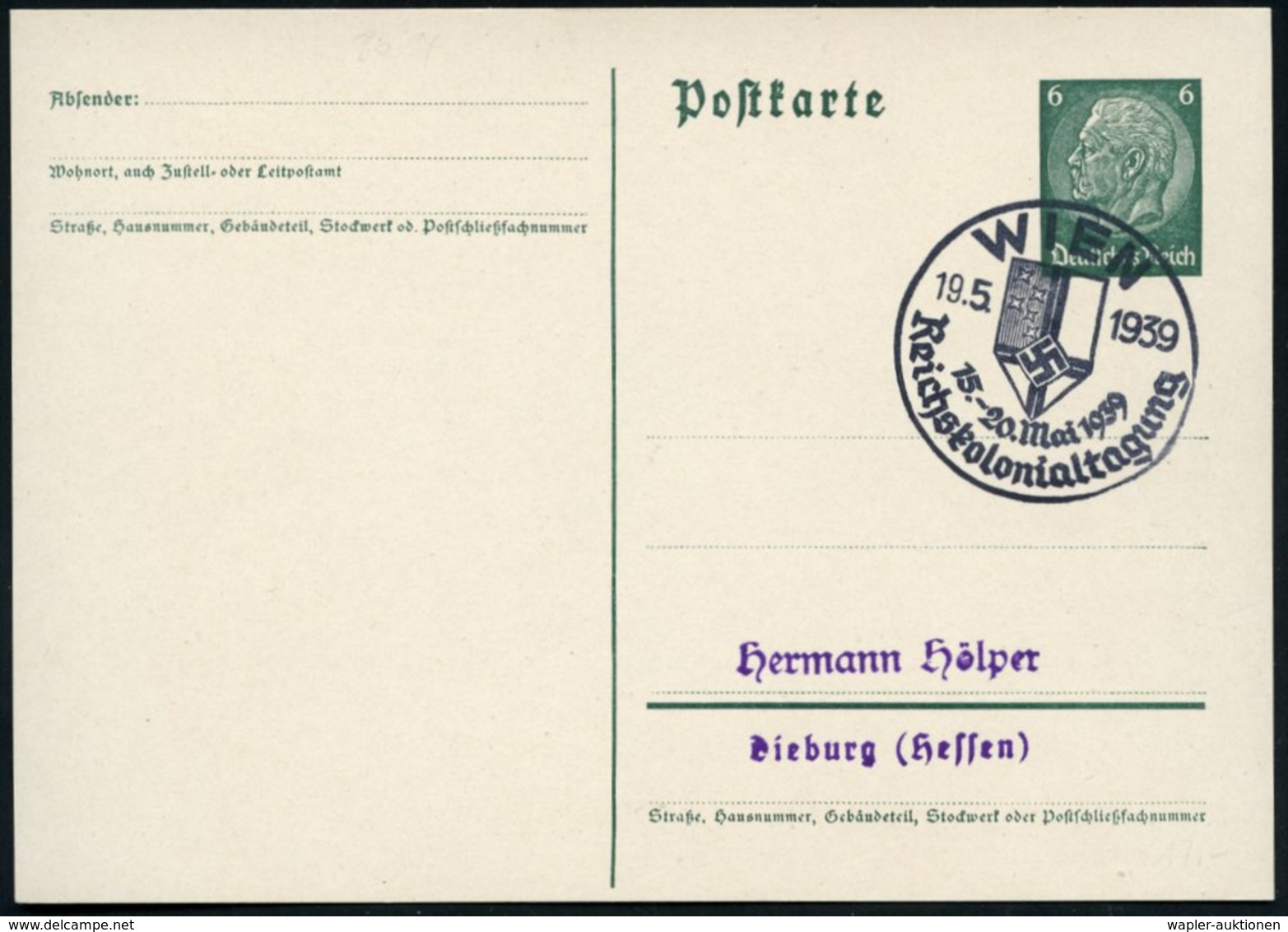 1939 (19.5.) WIEN, Sonderstempel Reichskolonialtagung (NS-Kolonialflagge), Inl.-Karte (Bo.34) - III. Reich 1933-45 & Deu - Other & Unclassified