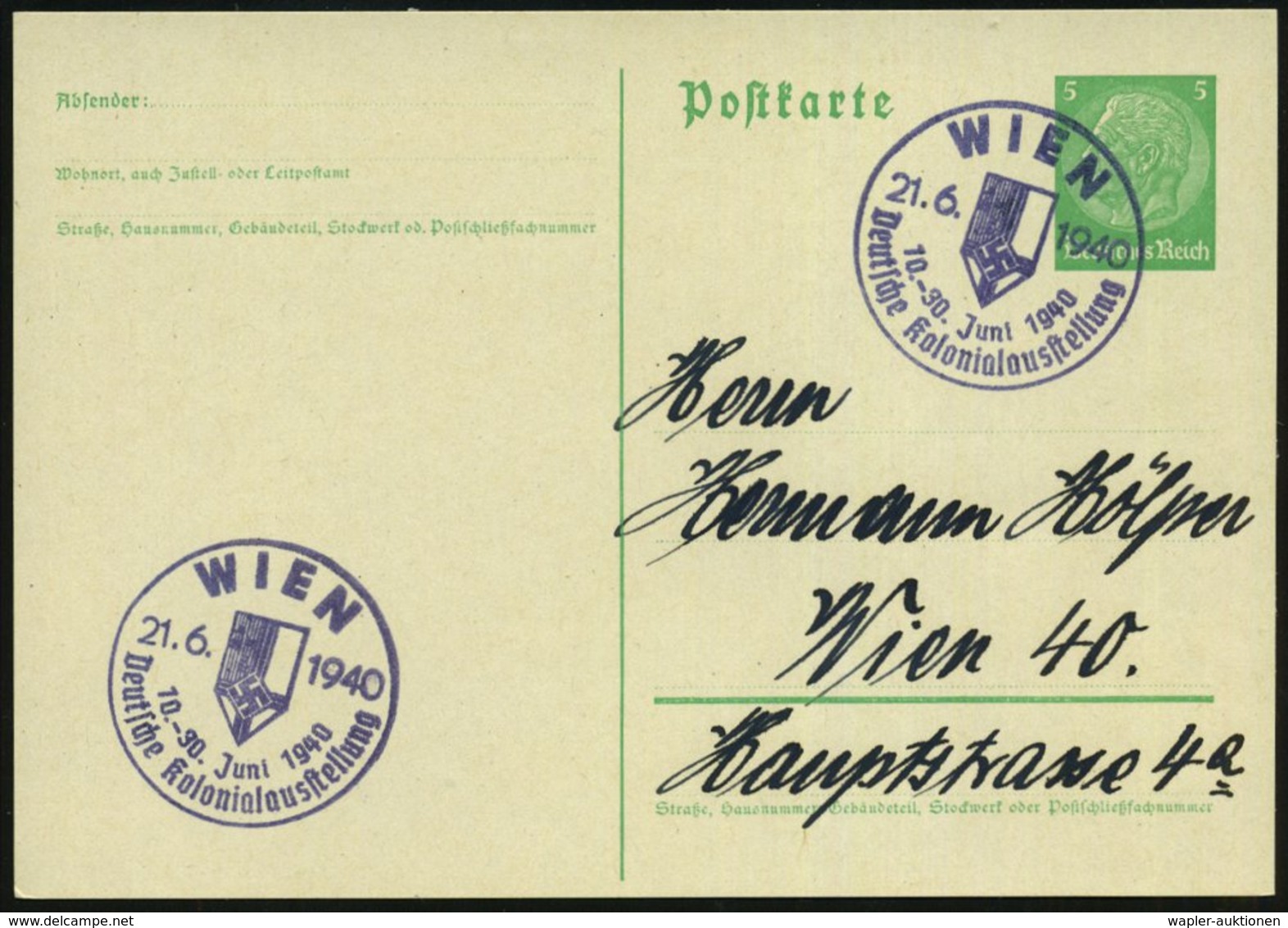 1940 (21.6.) WIEN, Viol. Sonderstempel Deutsche Kolonialausstellung (NS-Kolonialflagge), Inl.-Karte (53) - III. Reich 19 - Other & Unclassified
