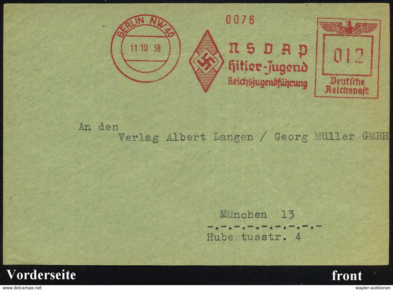 1938 (11.10.) BERLIN NW 40, Absender-Freistempel NSDAP Hitler-Jugend.. (HJ-Logo), Bedarfs-Vorderseite - III. Reich 1933- - Other & Unclassified