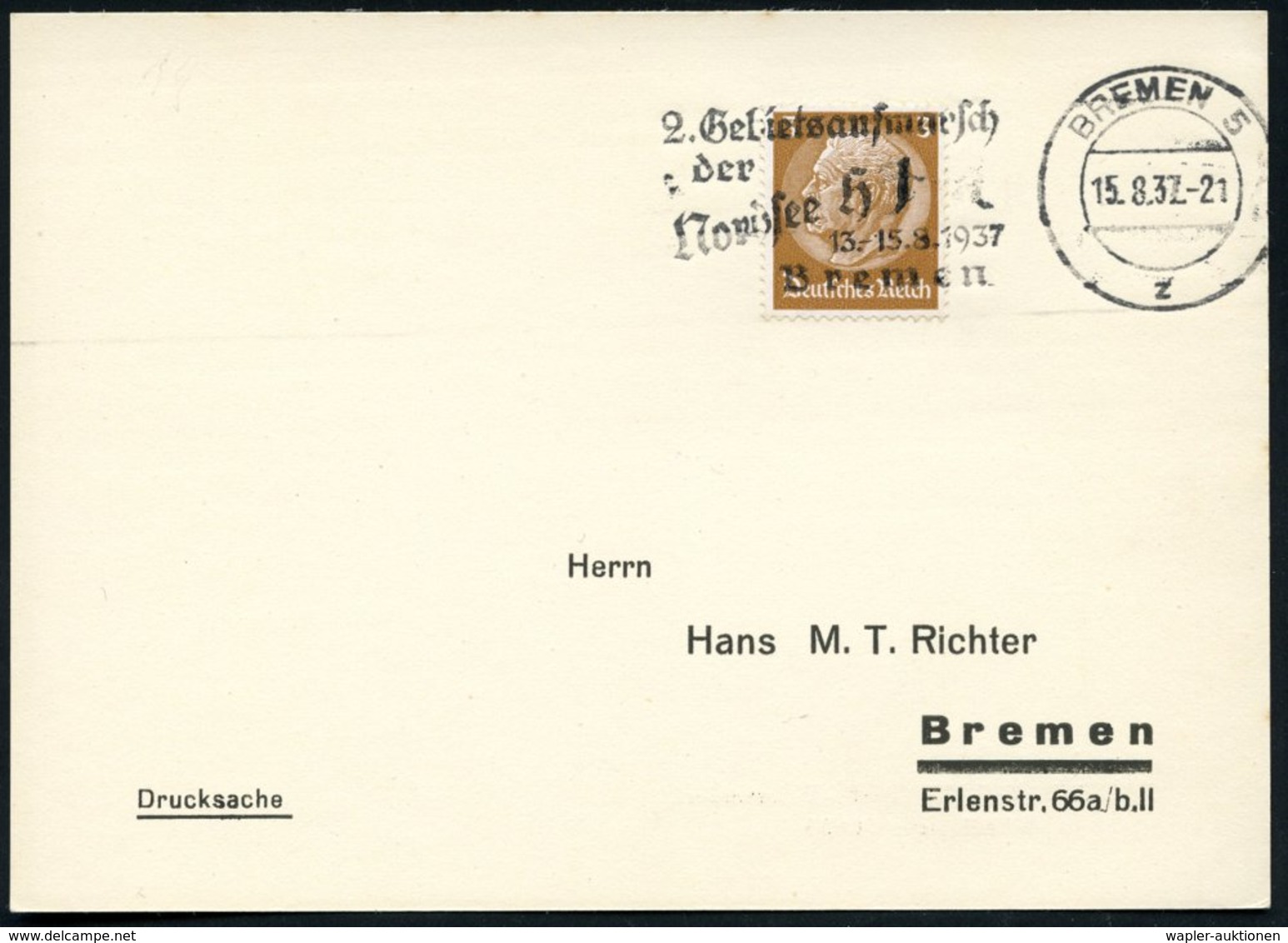 1937 (15.8.) BREMEN 5, Seltener Maschinen-Werbestempel Nordsee HJ.., Inl.-Karte (Bo.19 A , Nur 3 Tage Verwendet) - III.  - Other & Unclassified