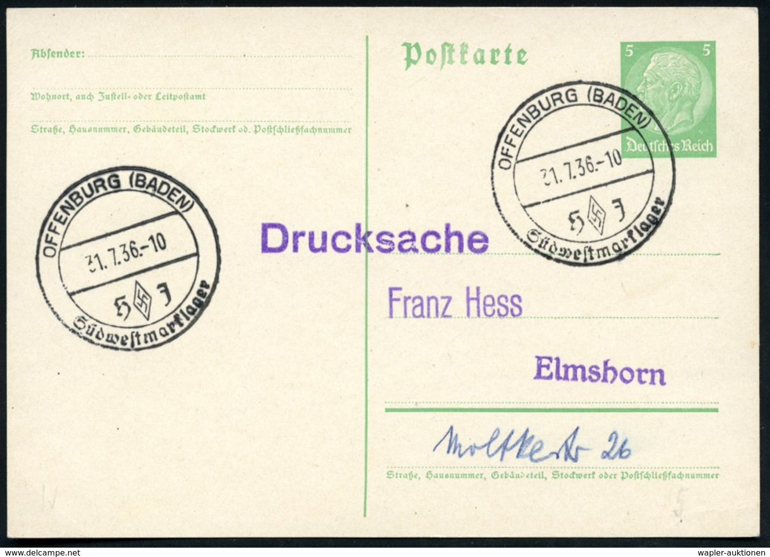 1936 (31.7.) OFFENBURG (BADEN), Sonderstempel HJ-Lager (HJ-Logo), Inl.-Karte (Bo.5) - III. Reich 1933-45 & Hitler-Jugend - Sonstige & Ohne Zuordnung