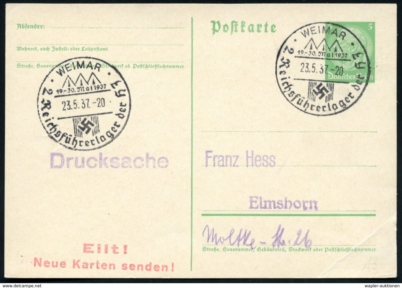 1937 (23.5.) WEIMAR, Sonderstempel "2. Reichsführerlager HJ" (Zelte), Inl.-Karte (Eckbug) Klar Gest.! (Bo.43) - III. Rei - Sonstige & Ohne Zuordnung