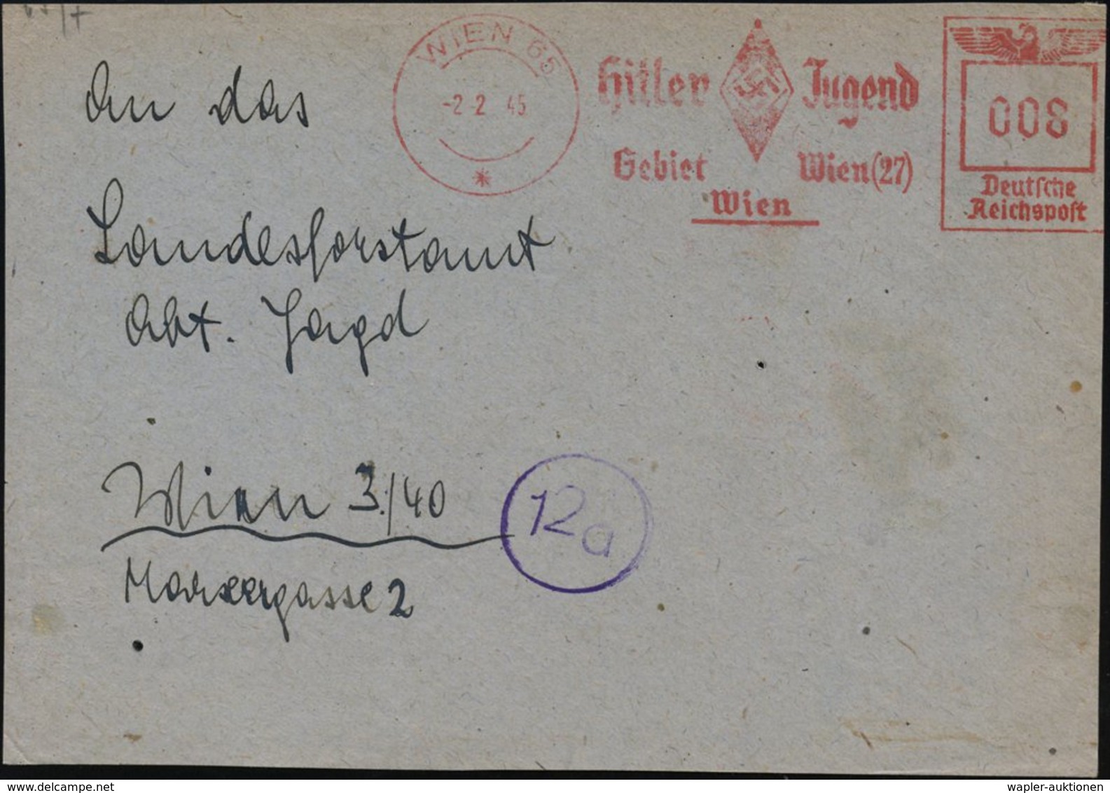1945 (2.2.) WIEN 65, Absender-Freistempel HJ Gebiet Wien (HJ-Logo), Bedarfs-Vorderseite, Später Beleg! - III. Reich 1933 - Otros & Sin Clasificación