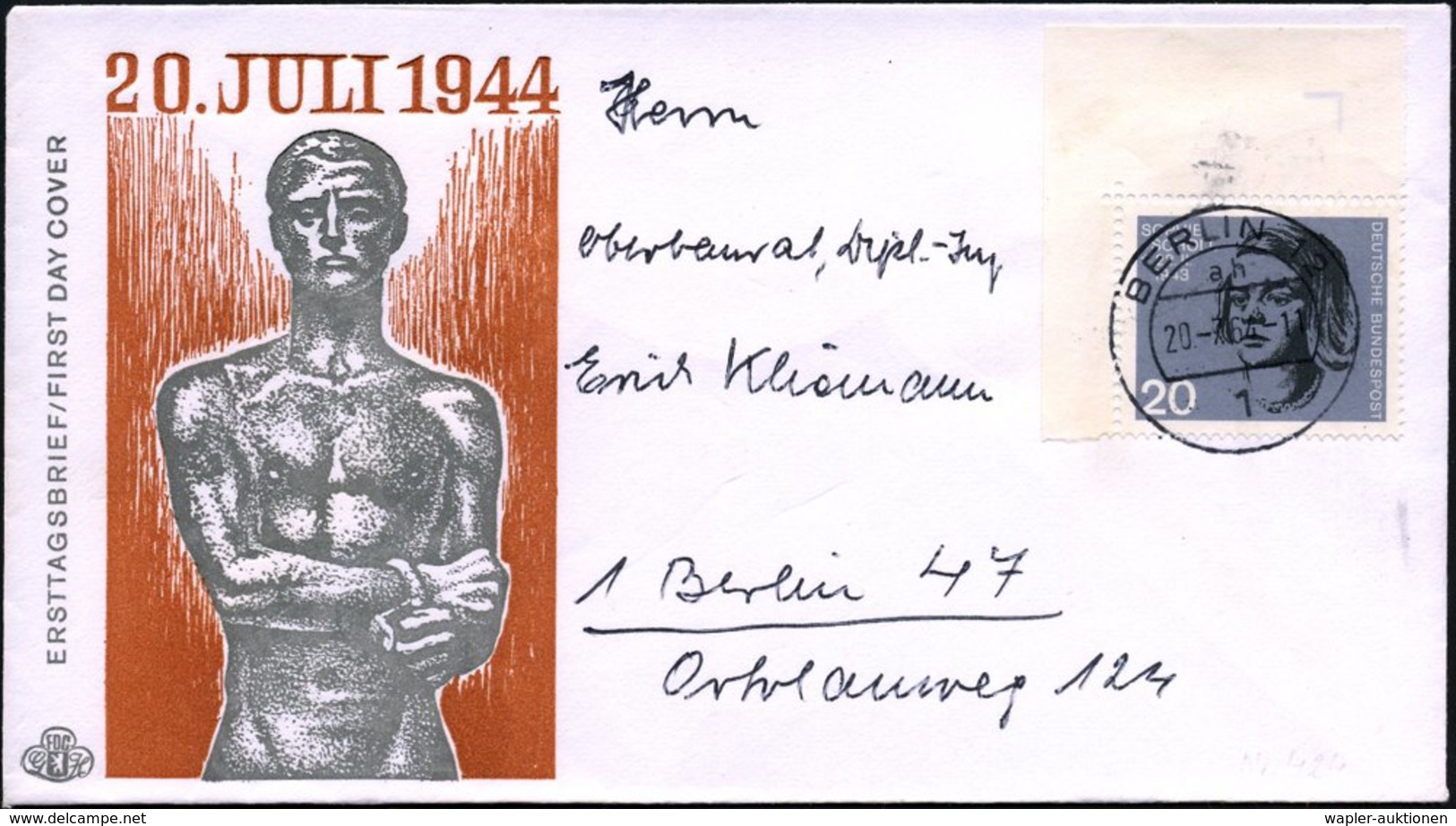 1964 (20.7.) BRD /  BERLIN, 20 Pf. Sophie Scholl, Eckrandstück + ET-Stempel Von Berlin (Block-FDC Wertet Mi. 500.- EUR,  - Other & Unclassified