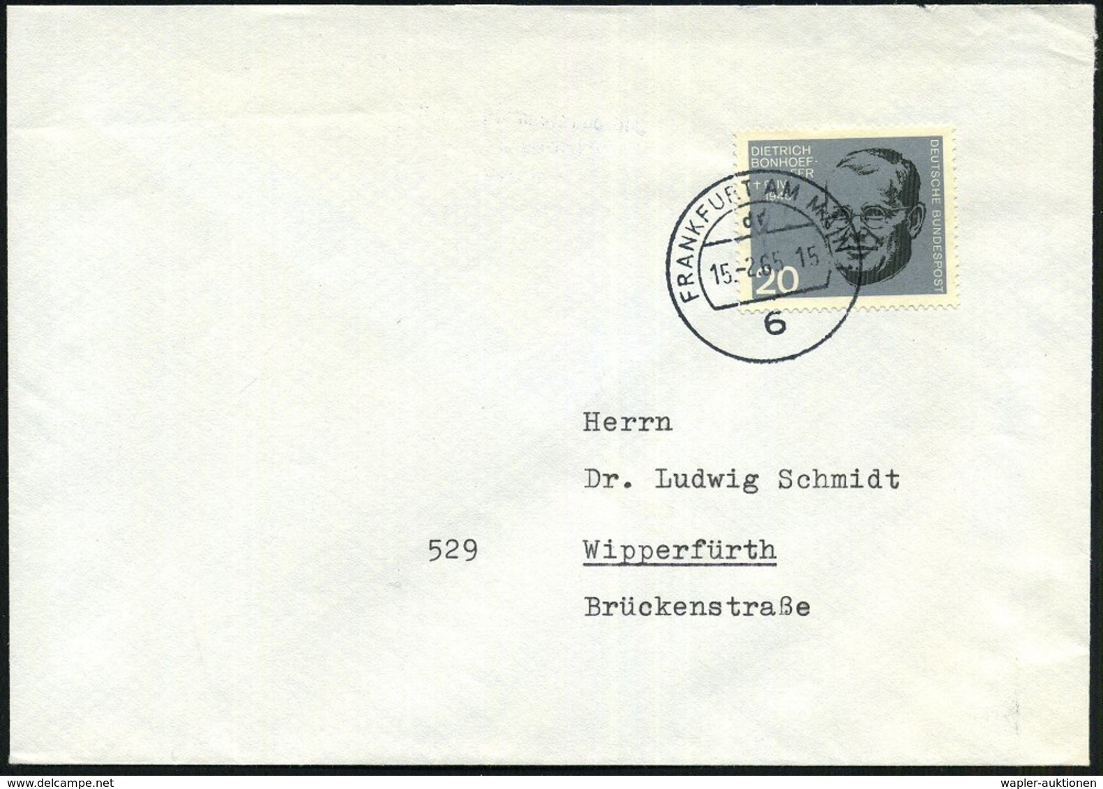 1965 BRD /  BERLIN, 20 Pf. Dietrich Bonhoeffer (Theologe, "Bekennende Kirche"), Randstück + Stempel Frankfurt/ Main (kei - Autres & Non Classés