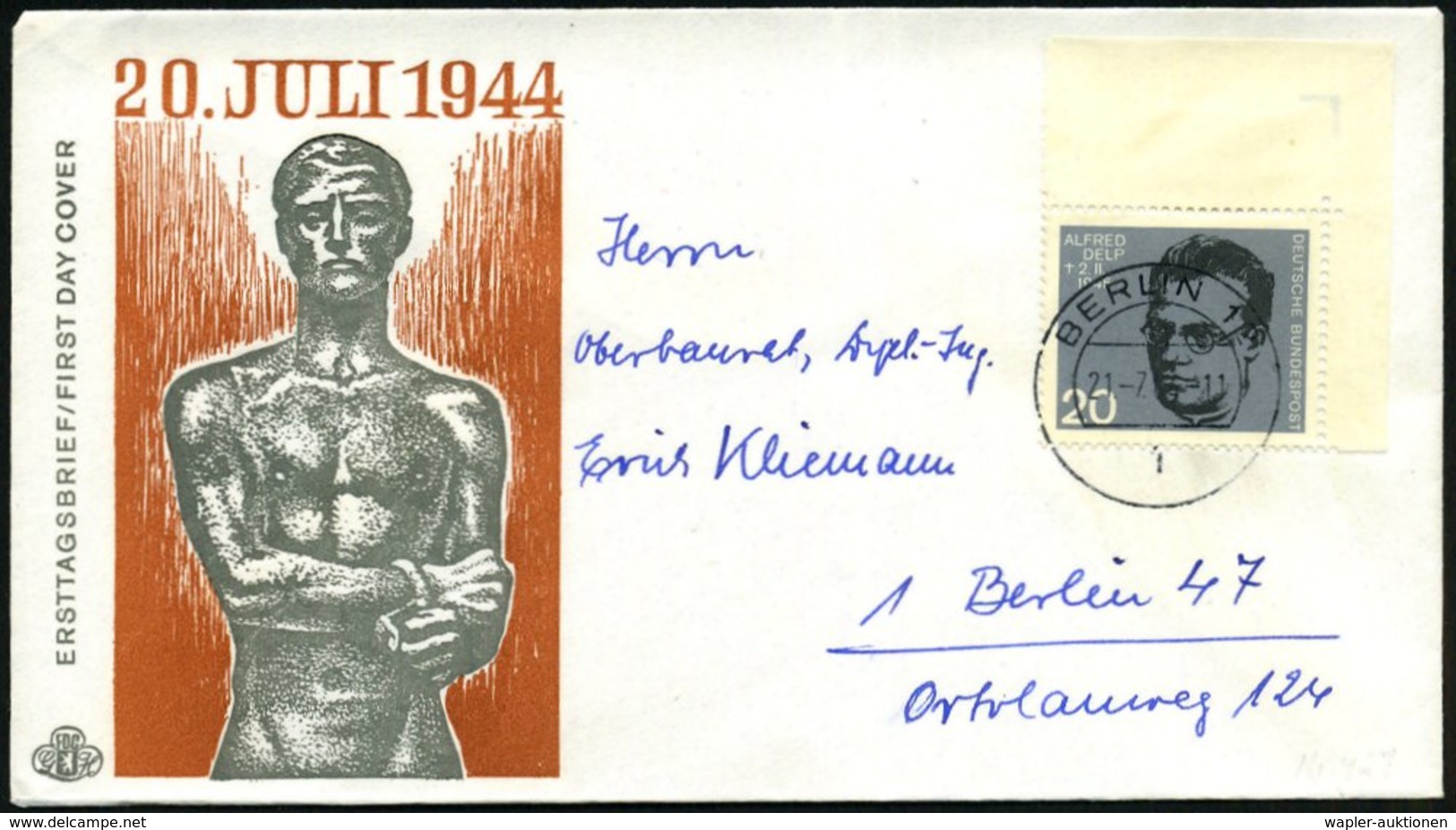 1964 (21.7.) BRD /  BERLIN, 20 Pf. Alfred Delp (Theologe), Randstück + Stempel 1 Berlin 12 (kein FDC), Bedarfs-Sonderums - Other & Unclassified