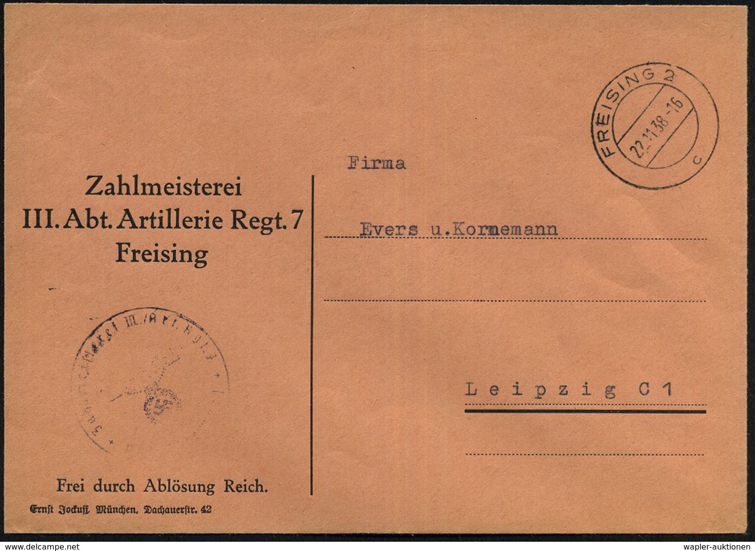 1938 (22.11.) FREISING 2, 2K-Steg Auf Wehrmachts-Dienstbrief: Artl. Regt. 7 (FdAR) N. Leipzig - Deutsche Wehrmacht 1933- - Other & Unclassified