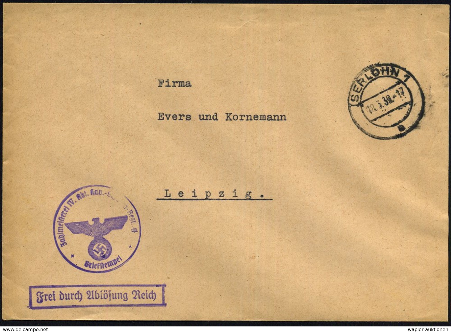 1939 (18.3.) ISERLOHN 1, 2K-Steg + Briefstempel IV. Abt. Kavallerie-Schwadron Regt. 44, Wehrmachts-Dienstbrief - Deutsch - Other & Unclassified