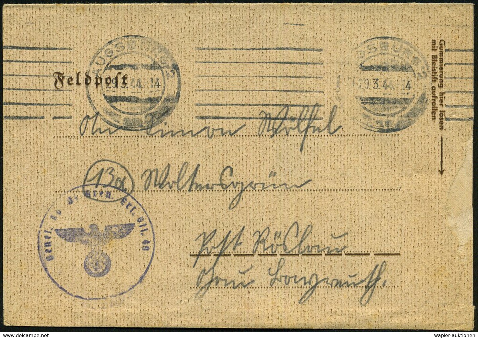 1944 (29.3.) AUGSBURG 2, Briefstempel: Genes.(denden) Kp. 01 Gren. Ers. Btl.40, Feldpost-Faltbrief Mit Inhalt (n. Walter - Other & Unclassified