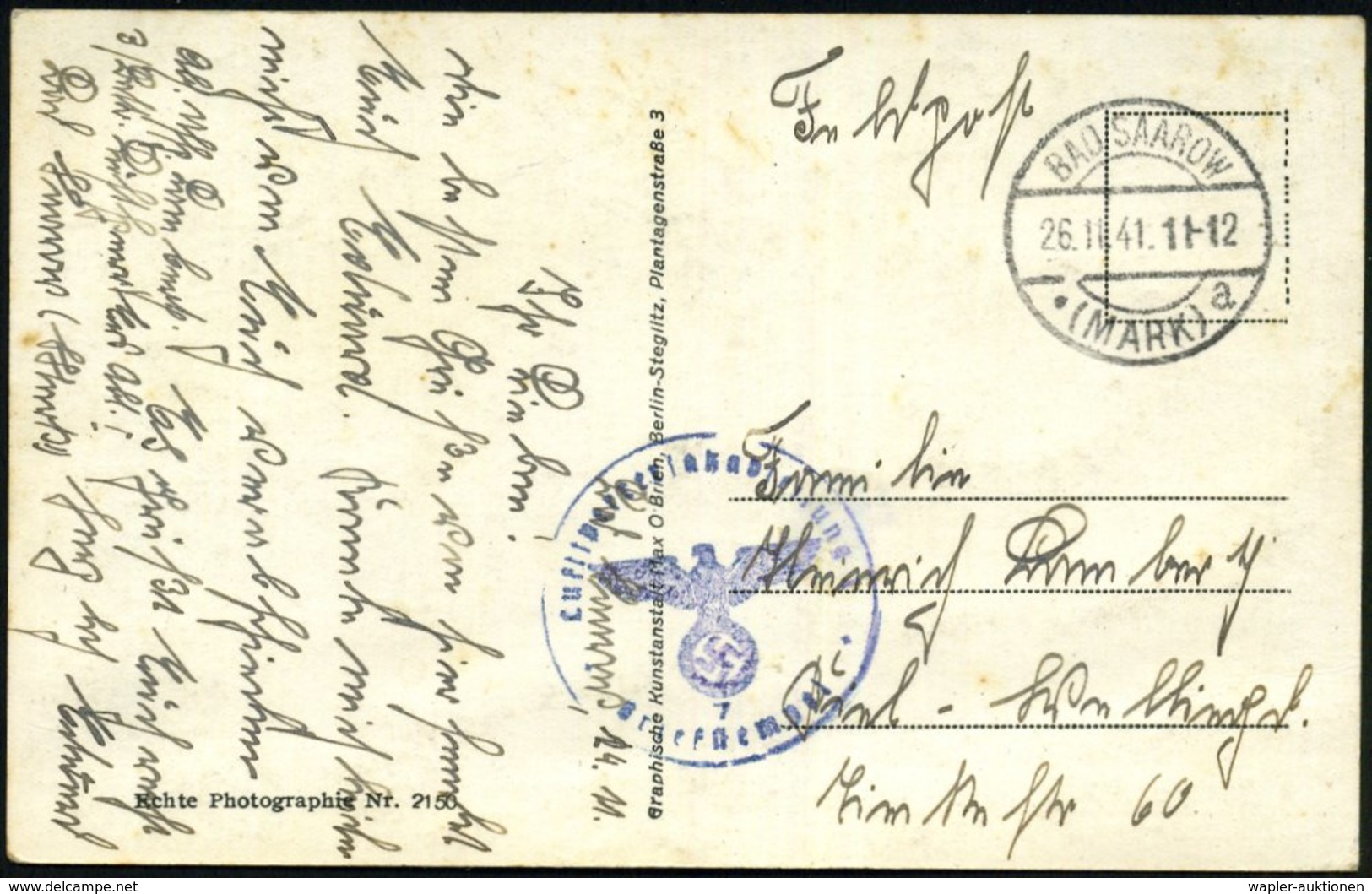 1941 (26.11.) BAD SAAROW, 1K-Brücke + Briefstempel: Luftsperrersatzabt. Nr.7, S/ W.-Foto-Feldpost-Ak.: Kurhaus Schloß Pi - Other & Unclassified
