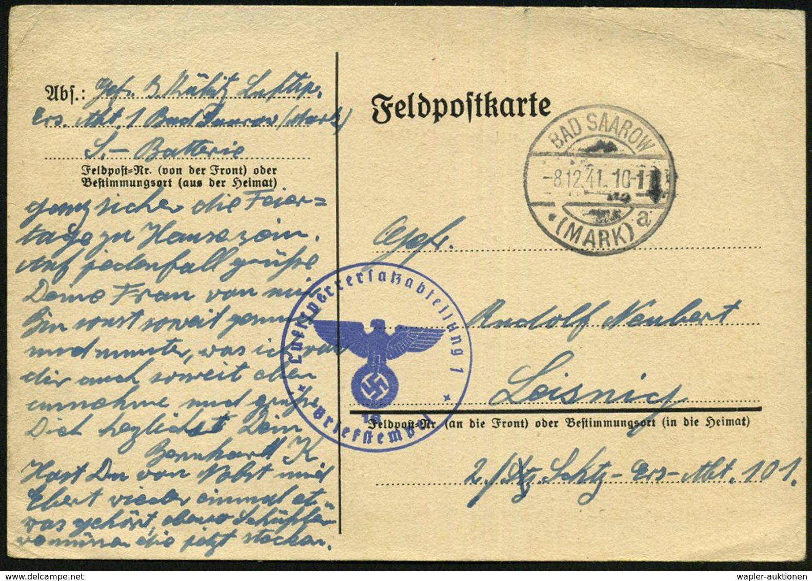 1941 (8.12.) BAD SAAROW, 1K-Brücke + Briefstempel: Luftsperrersatzabt. 1, Nr.16, Feldpost-Kt. (n. Leisnig) - Der 2. Welt - Other & Unclassified