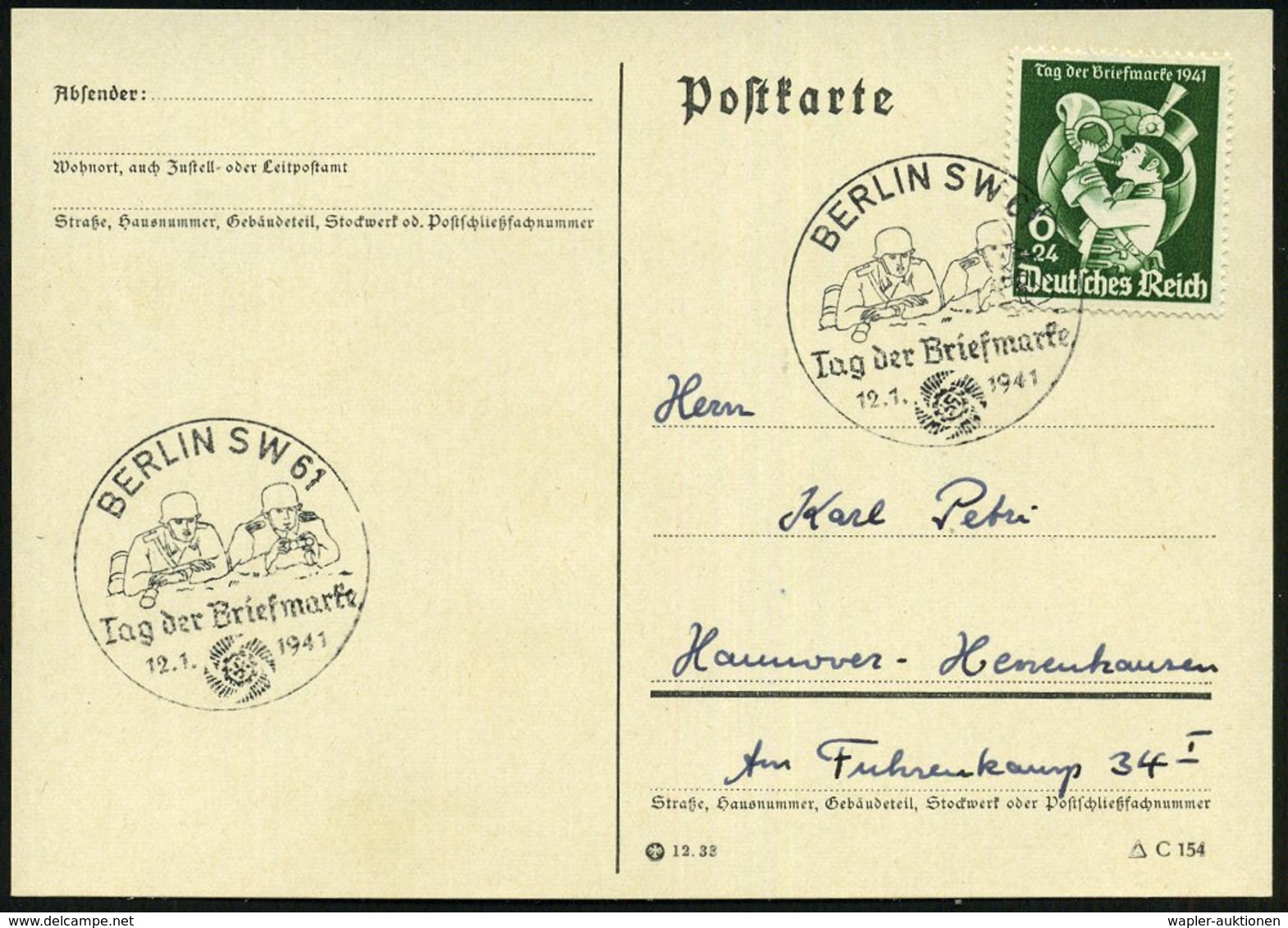 1941 (12.1.) BERLIN SW 61, Sonderstempel "Tag Der Briefmarke" = 2 Infanteristen, EF 6 Pf. Tag D. Briefmarke (Mi.762 EF), - Altri & Non Classificati