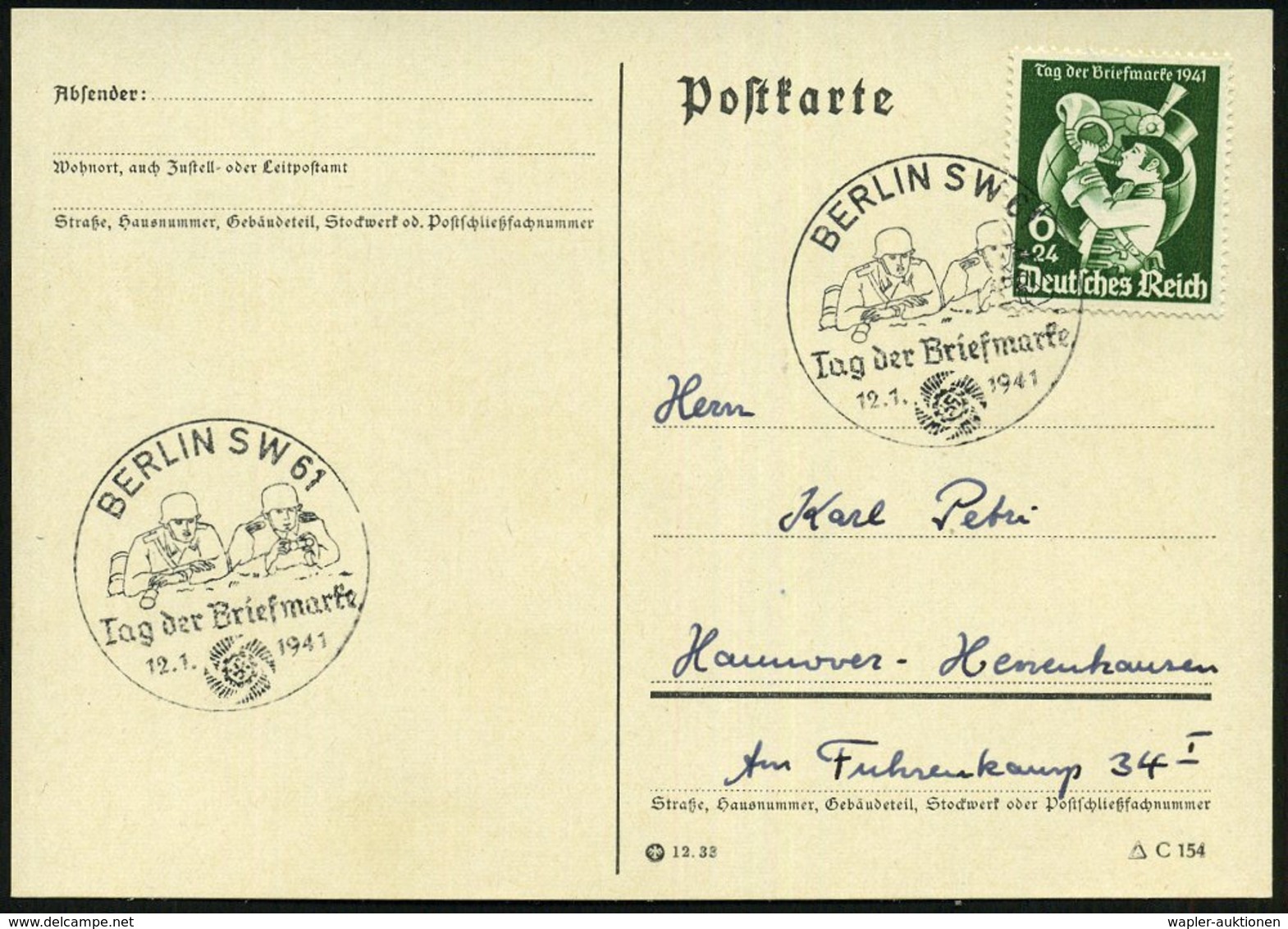 1941 (12.1.) BERLIN SW 61, Sonderstempel "Tag Der Briefmarke" = 2 Infanteristen, EF 6 Pf. Tag D. Briefmarke (Mi.762 EF), - Other & Unclassified