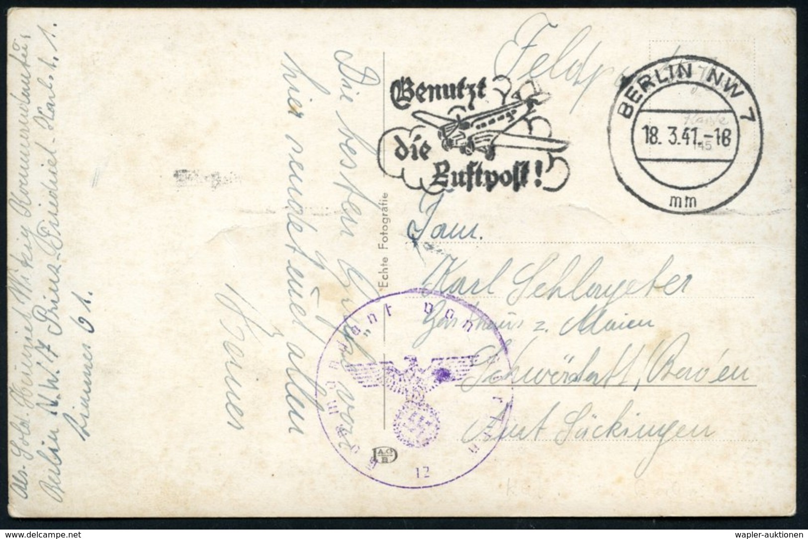 1941 (18.3.) BERLIN NW 7, Maschinen-Werbestempel + Briefstempel: Kommandant Von Berlin (UZ 12), S/ W.-Foto-Feldpost-Ak.: - Sonstige & Ohne Zuordnung