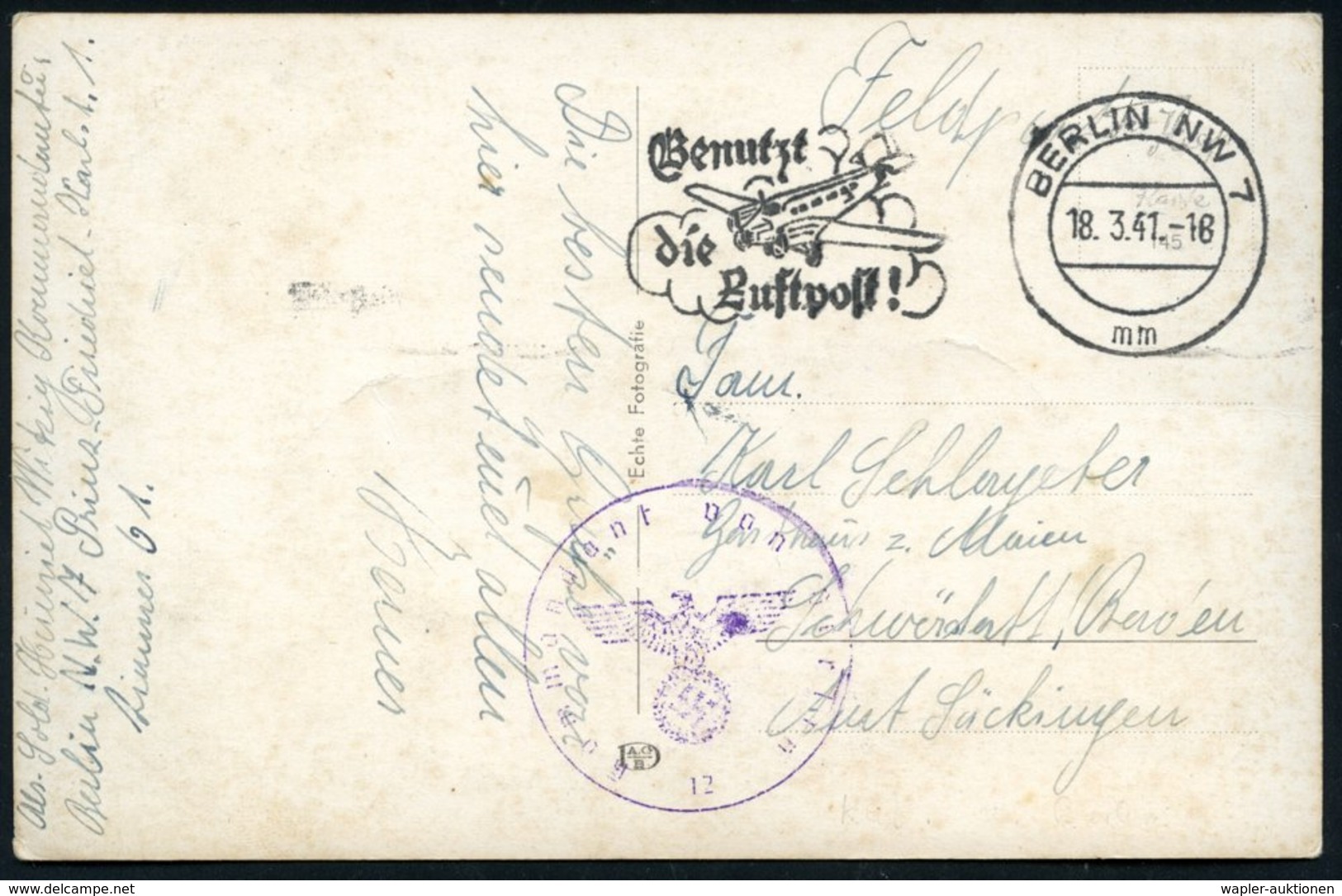 1941 (18.3.) BERLIN NW 7, Maschinen-Werbestempel + Briefstempel: Kommandant Von Berlin (UZ 12), S/ W.-Foto-Feldpost-Ak.: - Other & Unclassified